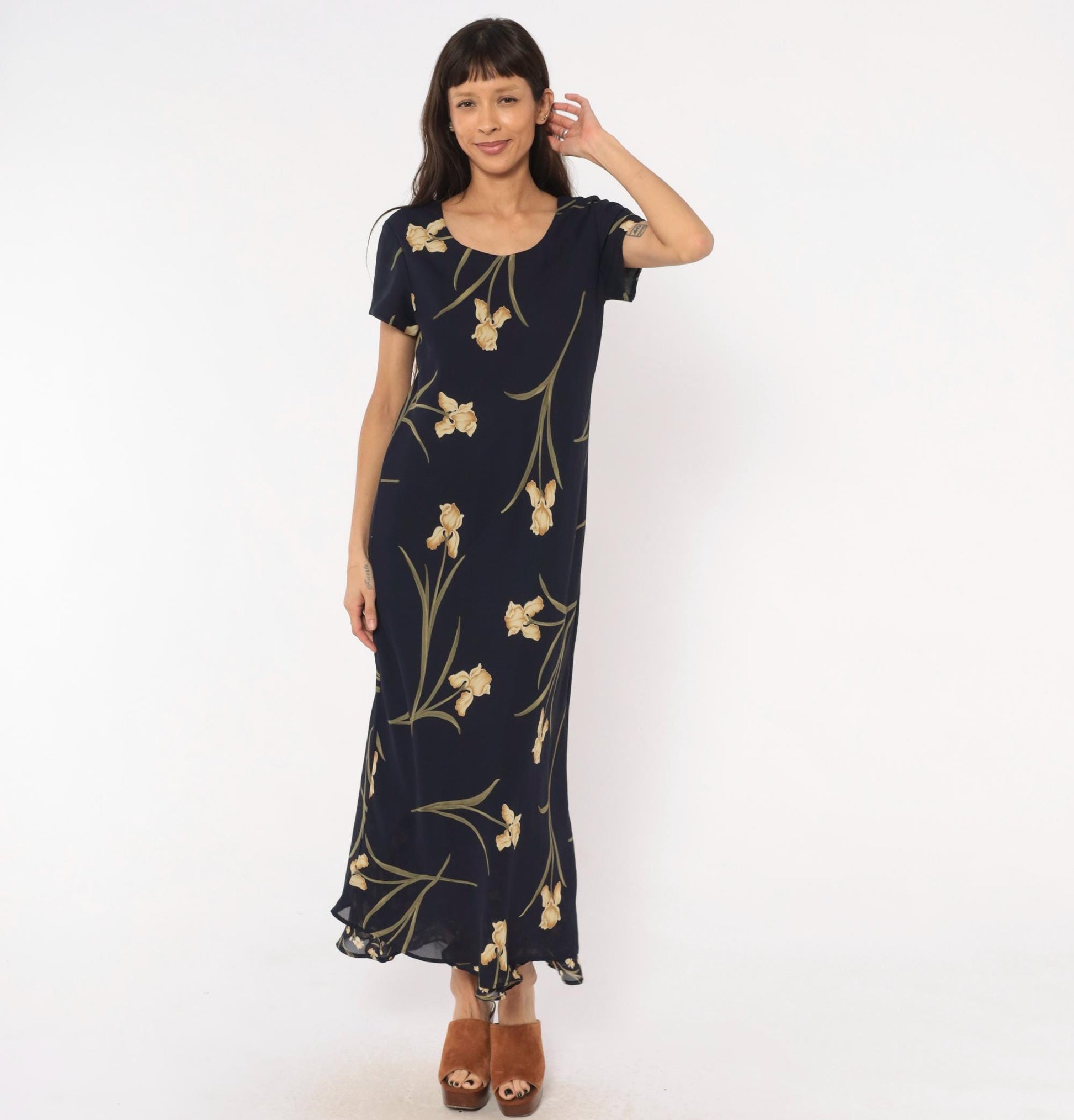 90s Jessica Howard Navy Iris Maxi Dress Botanical Print Medium M