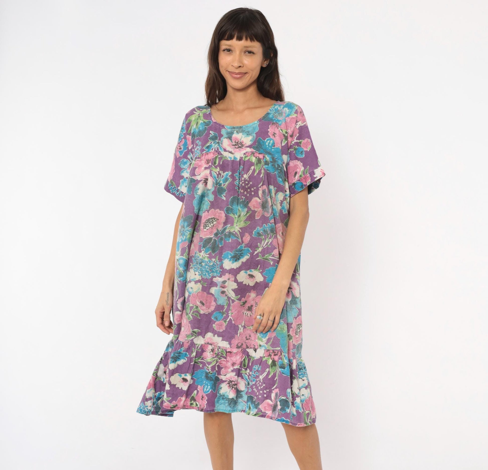 80s CW Classics Floral Watercolor Cotton Dress Purple Pink Blue Knee Length Small