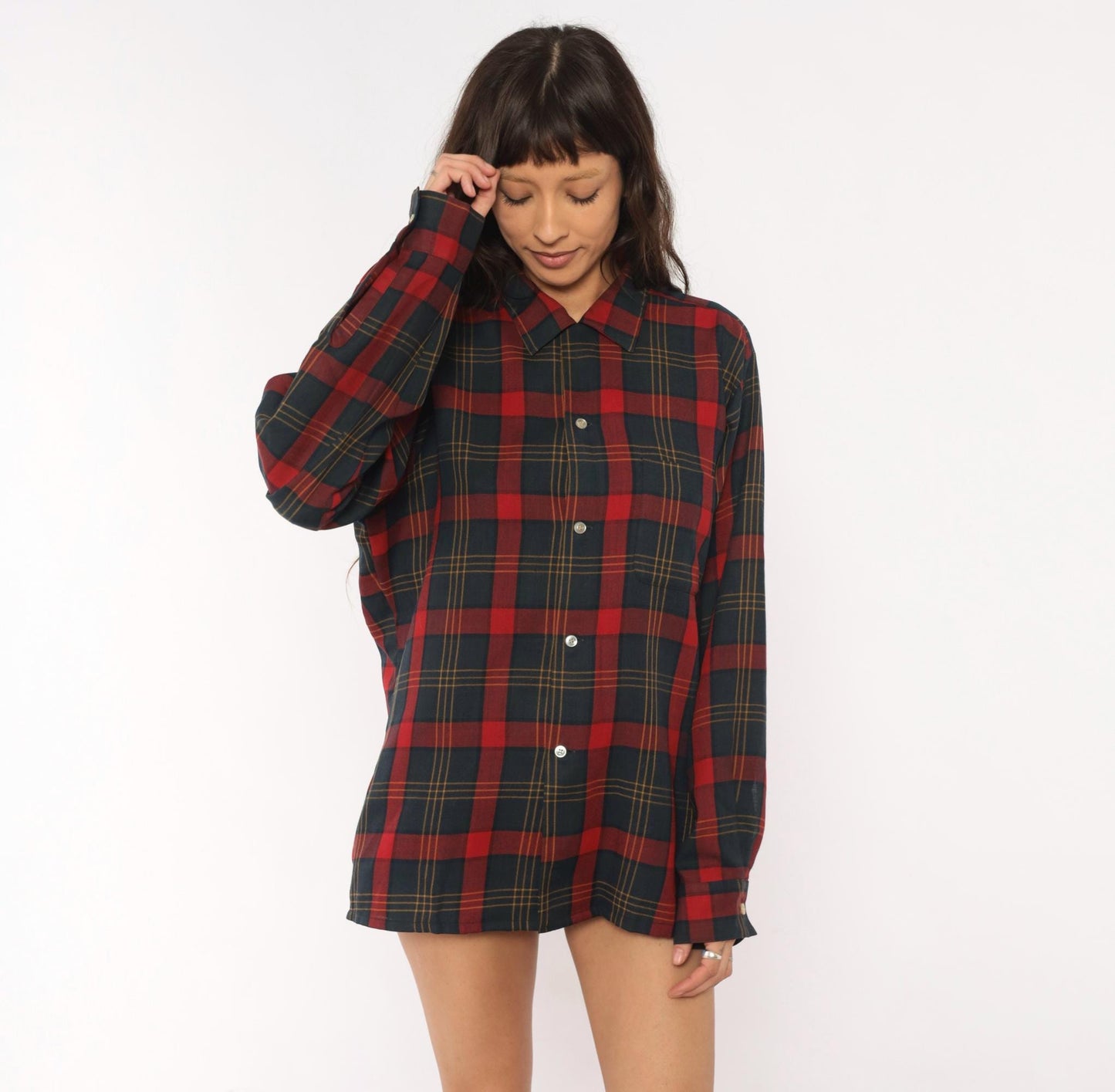 60s Arrow Plaid Wool Shirt Burgundy Navy Pointed Collar Button-Up Medium