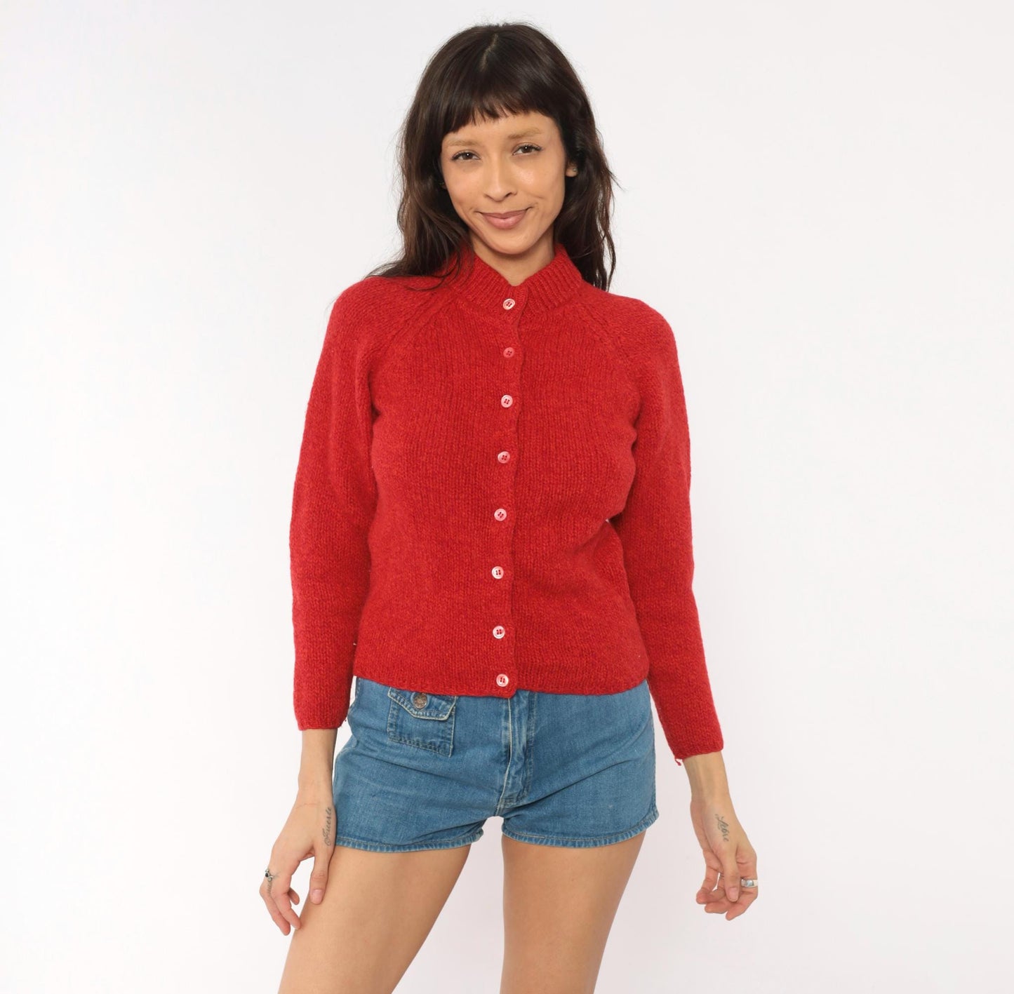 70s Bernhard Altmann Red Shetland Wool Cardigan Mock Neck Extra Small XS