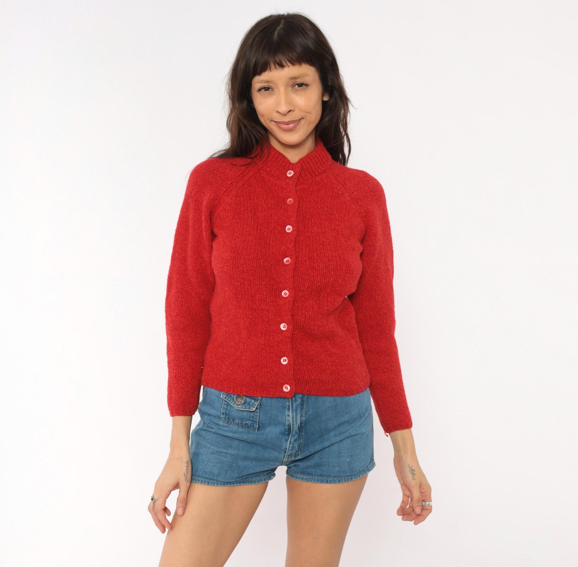 70s Bernhard Altmann Red Shetland Wool Cardigan Mock Neck Extra Small XS