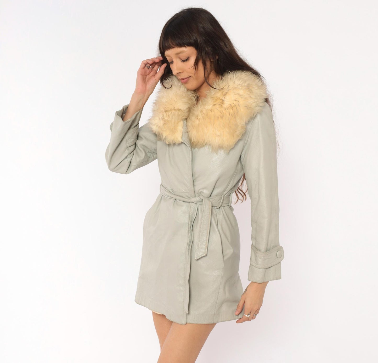 70s Grey Leather Coat Cream Fur Collar Belted Mini Jacket Small S