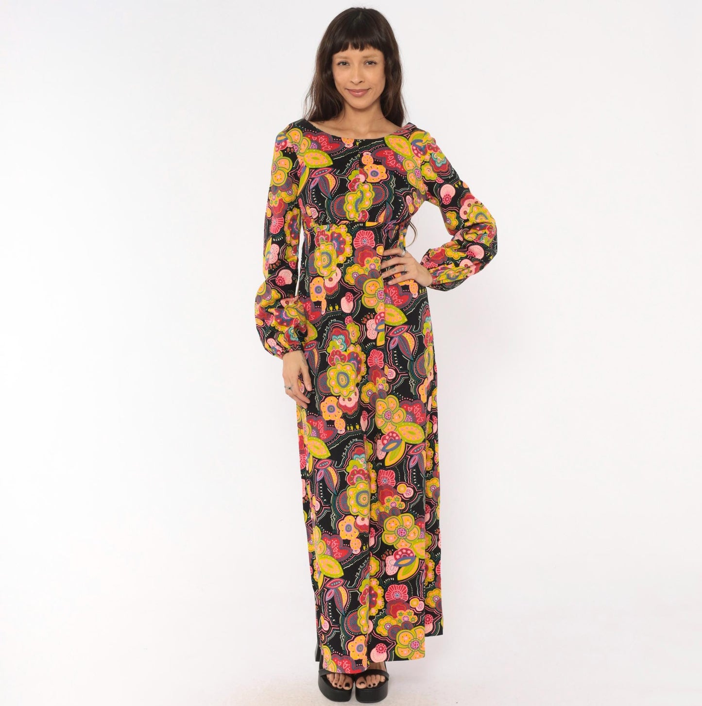 70s Psychedelic Floral Maxi Dress Black Pink Open Back Empire Waist Medium Large
