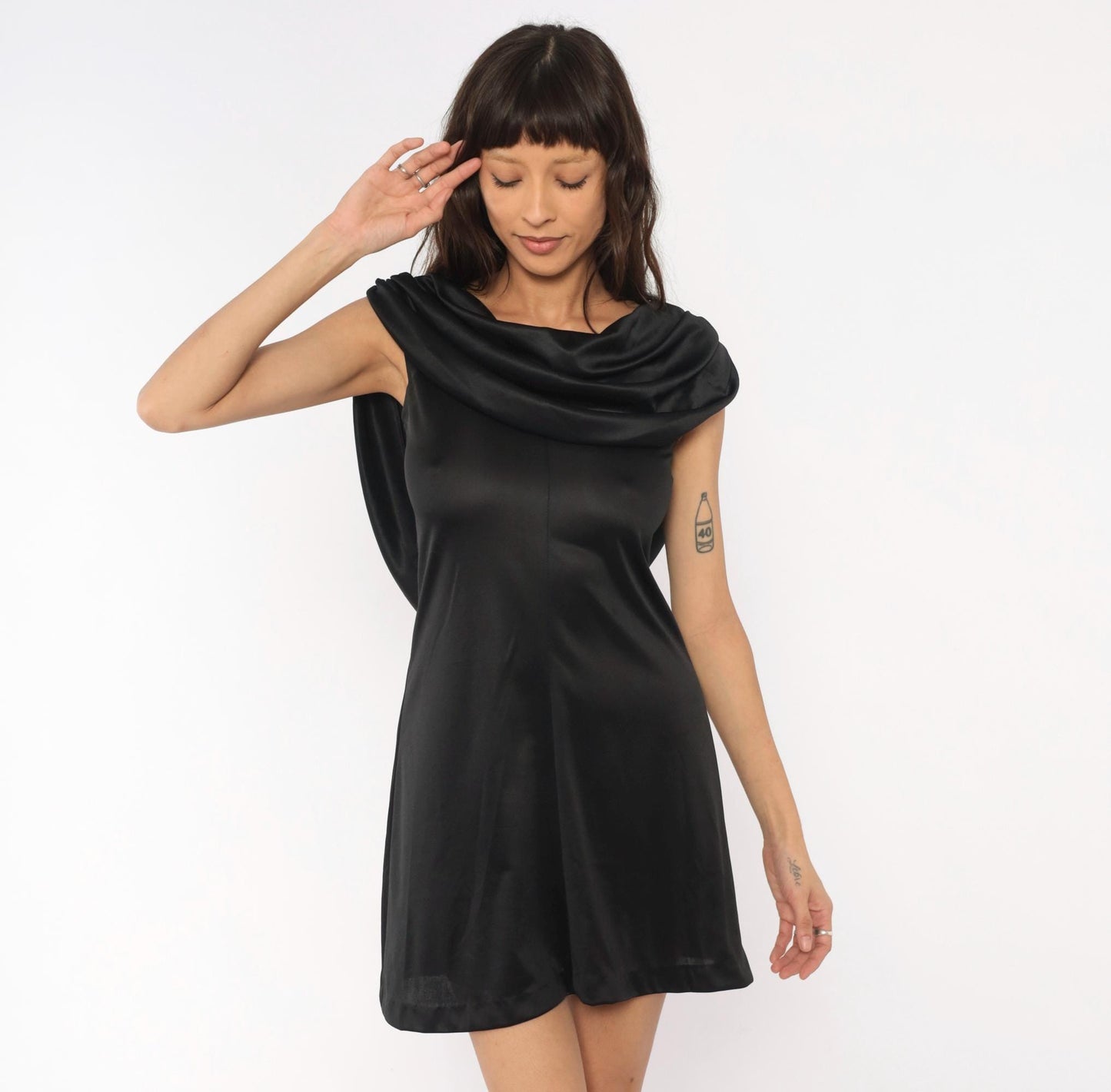 70s Diamond's Run Black Cowl Neck Mini Dress Open Back Small
