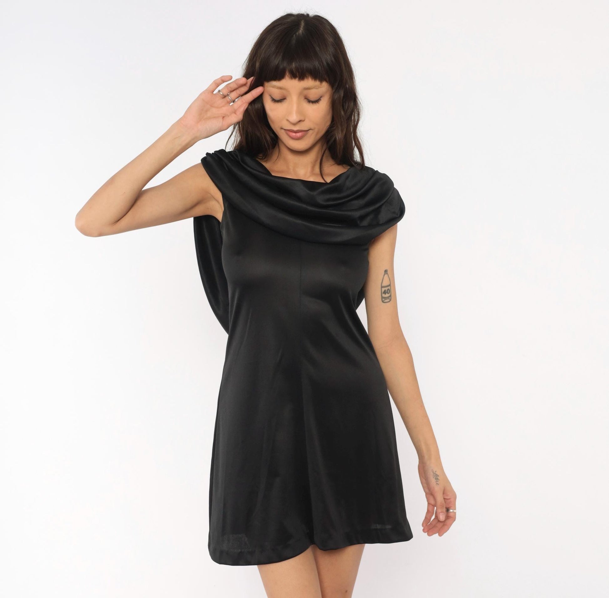 70s Diamond's Run Black Cowl Neck Mini Dress Open Back Small