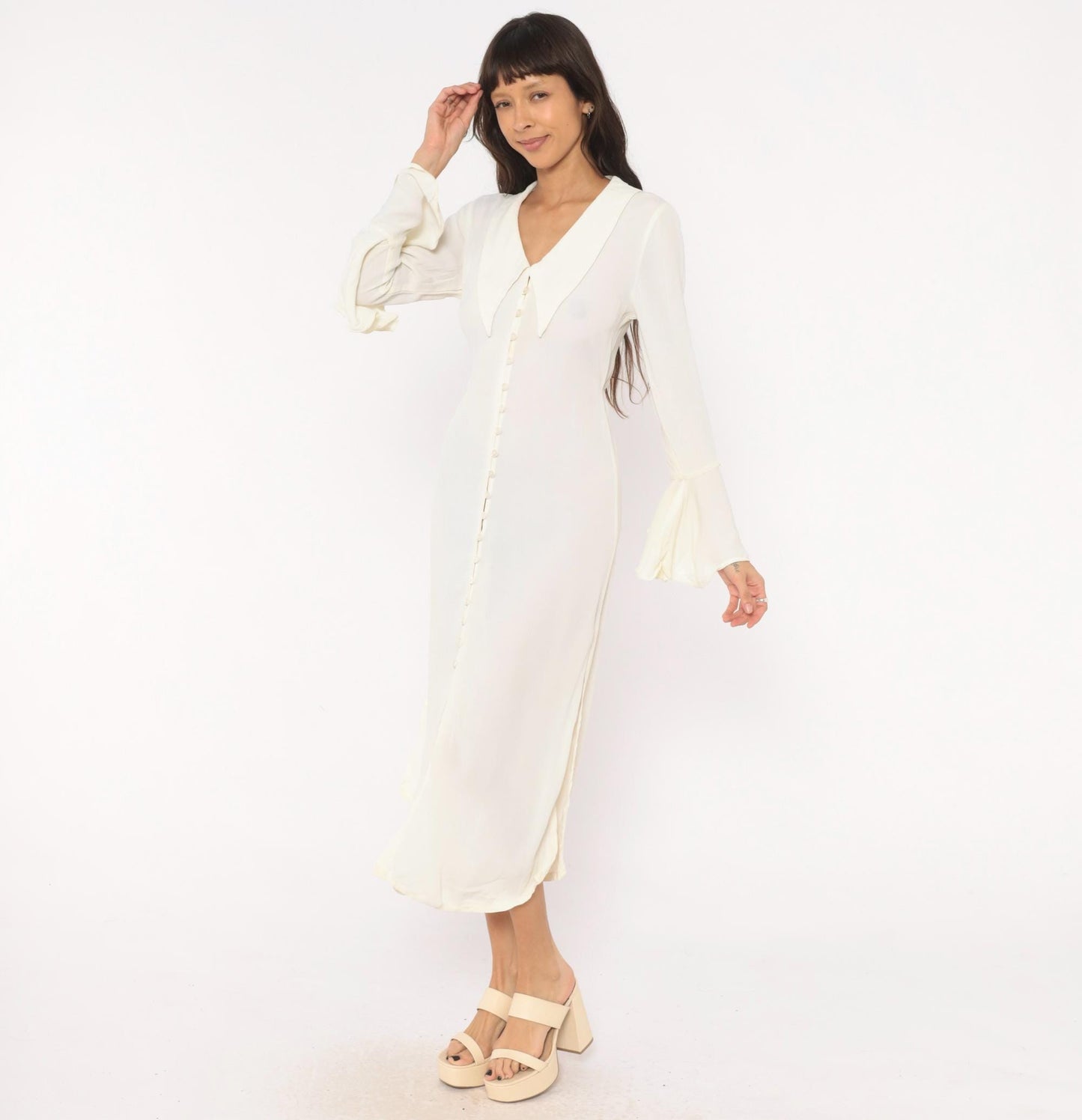 90s Joukar Cream Midi Dress Bell Sleeve V Neck Button Front Medium