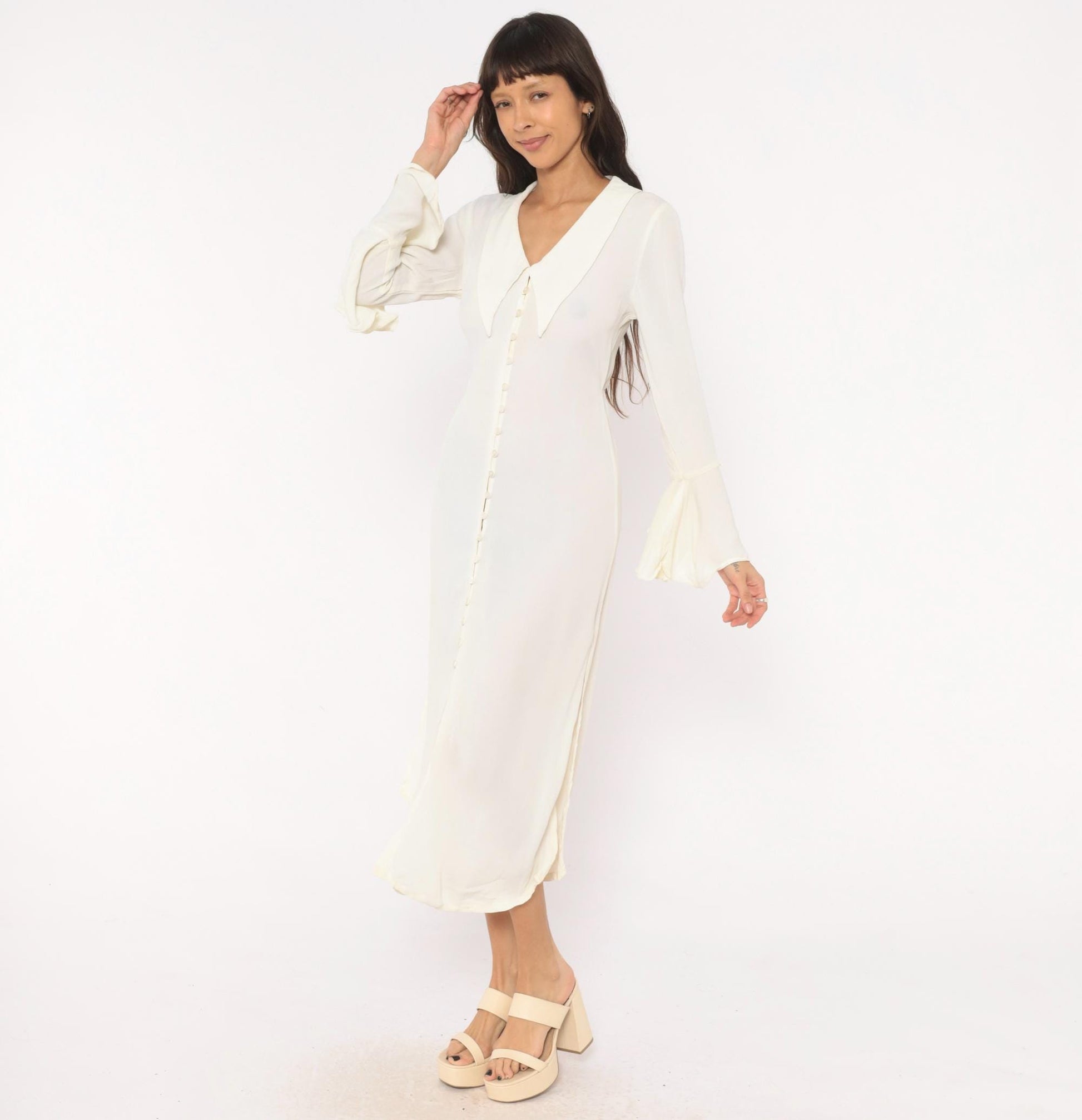 90s Joukar Cream Midi Dress Bell Sleeve V Neck Button Front Medium