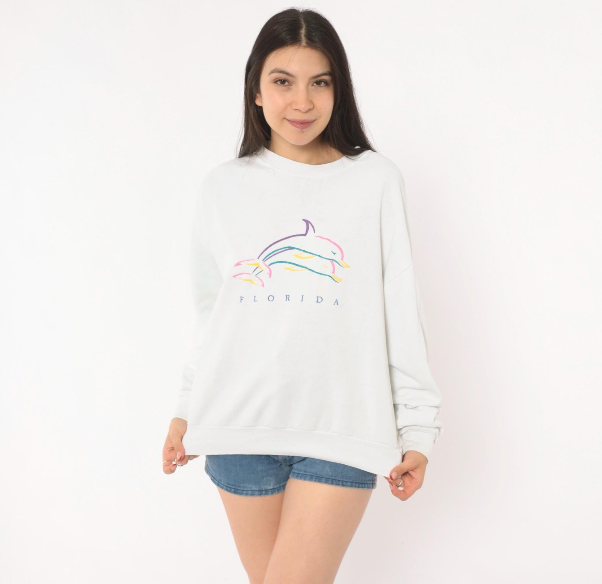 90s Florida Dolphin Graphic Sweatshirt White Crewneck Cotton Pullover Large L