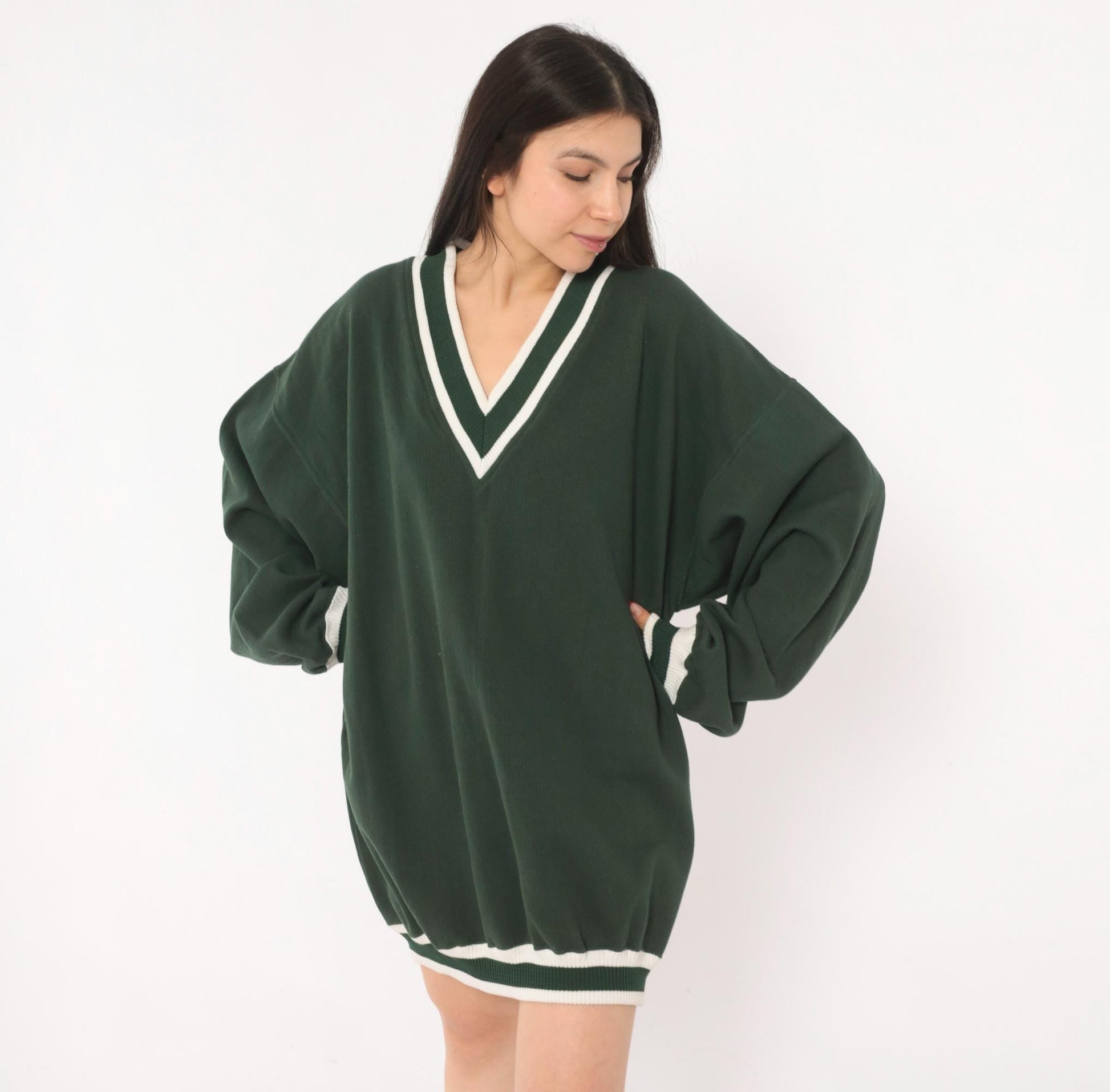 90s Pluma Forest Green V-Neck Sweater Striped Collegiate Tennis Extra Large XL