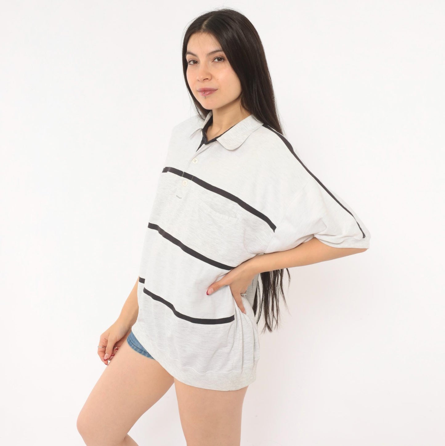 90s Greenline Striped Polo Shirt Grey Black Horizontal Stripes Large L
