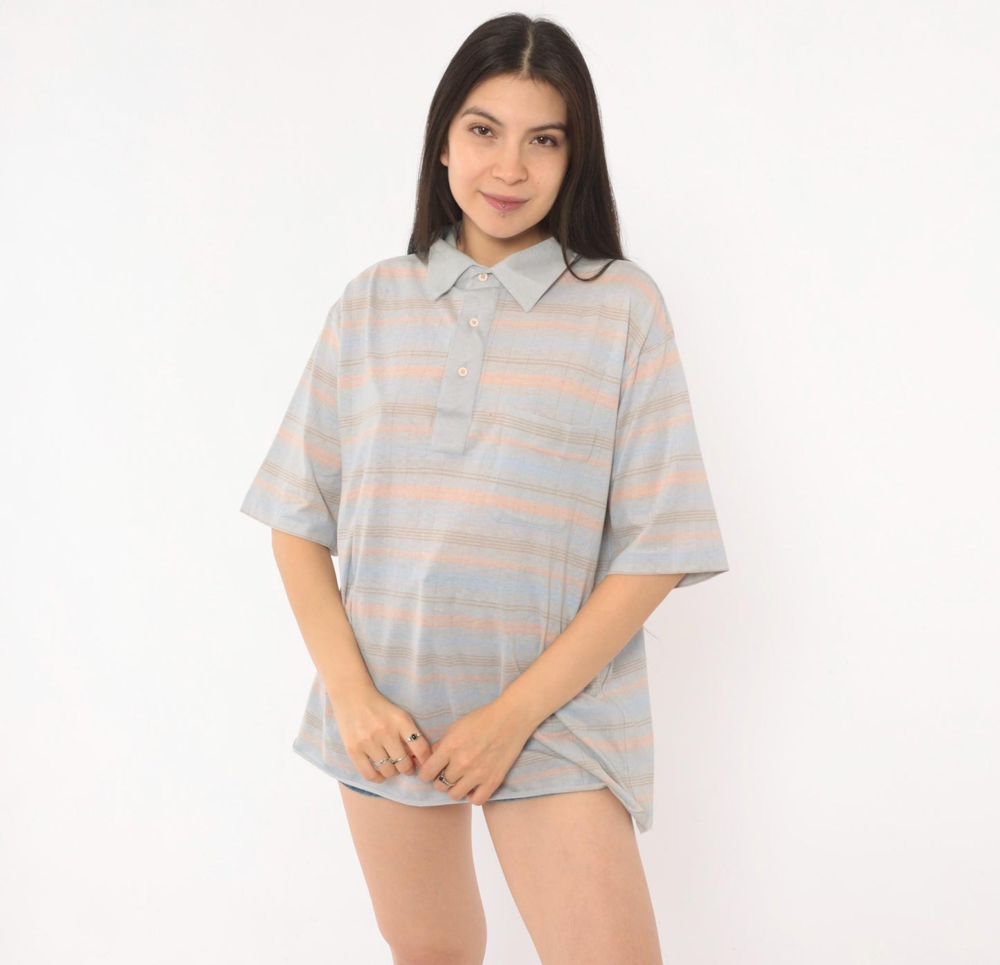 80s Knights Bridge Striped Polo Shirt Grey Peach Cotton Short Sleeve Extra Large XL
