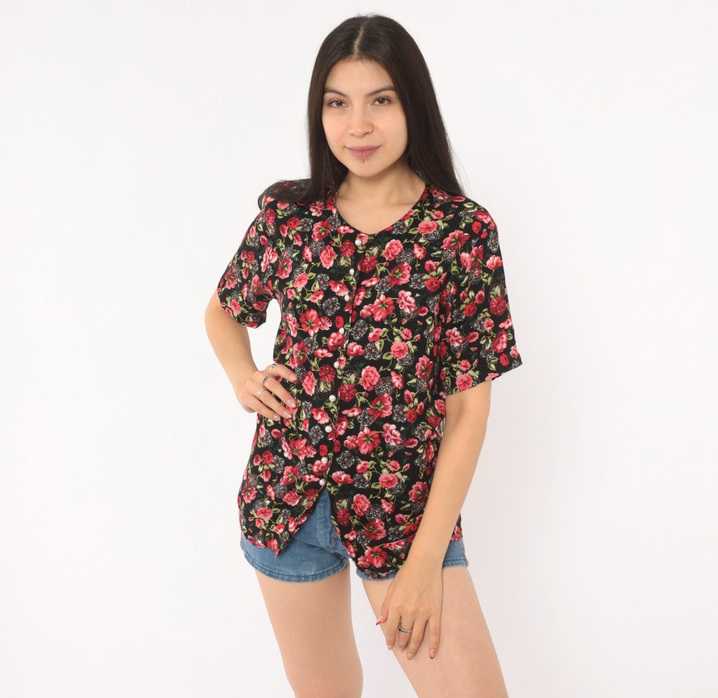 90s Katelyn Rose Black Pink Floral Button Blouse Short Sleeve Small S