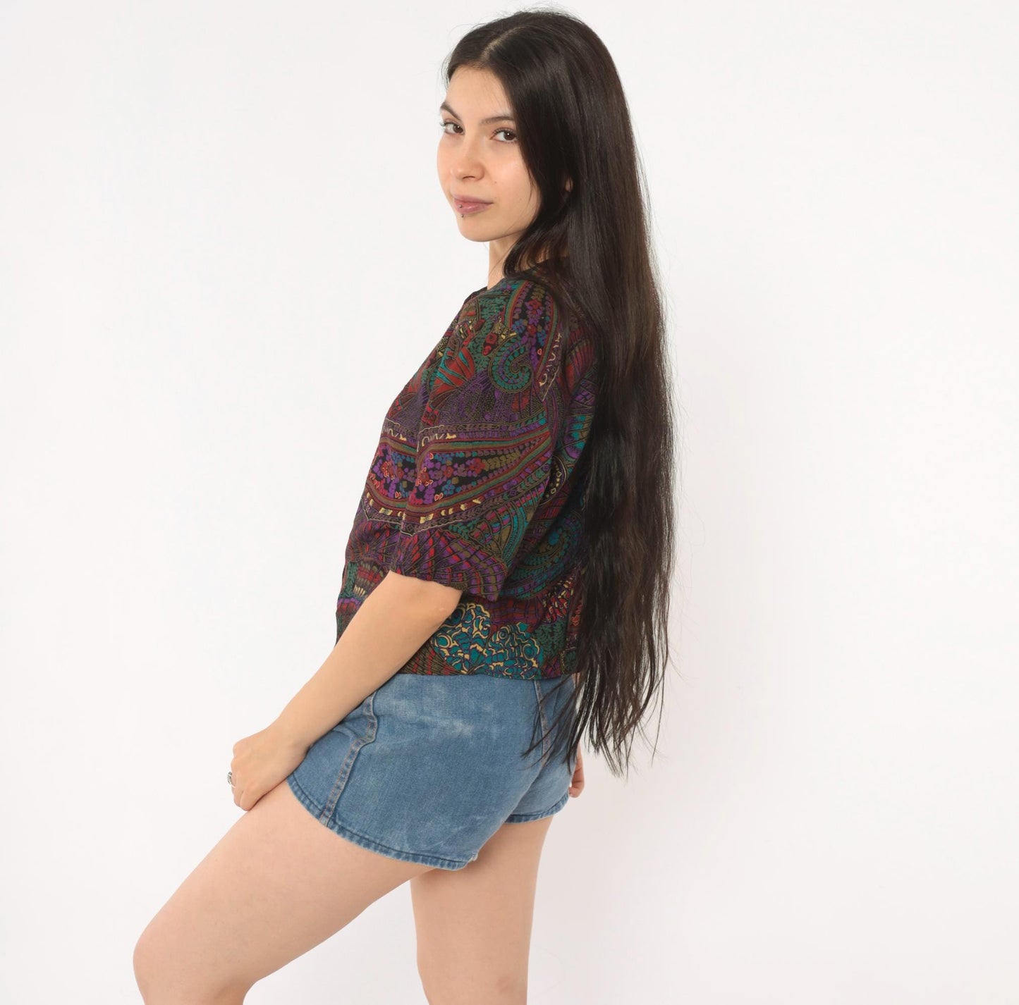80s Norton Mcnaughton Paisley Button Blouse Teal Purple Gold Small S
