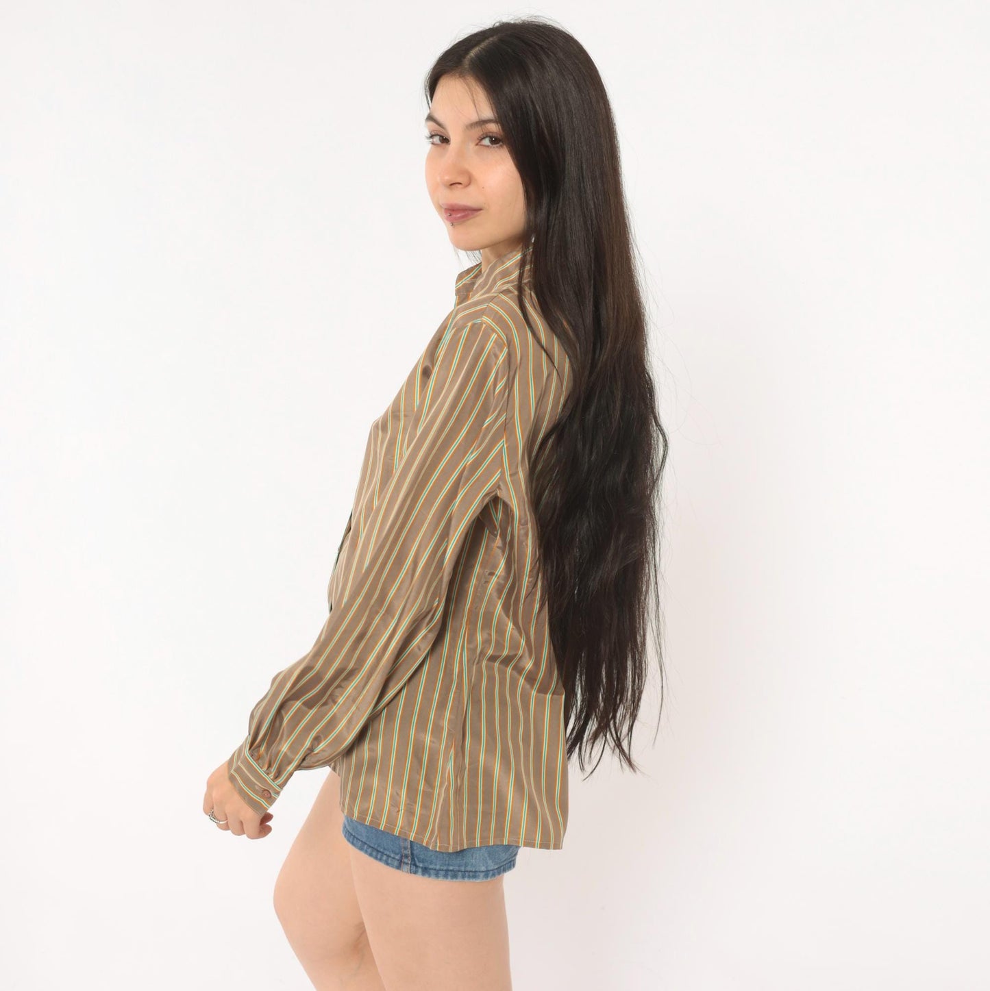 80s Jebb Levy Striped Button-Up Shirt Tan Teal Yellow Pinstripe Medium
