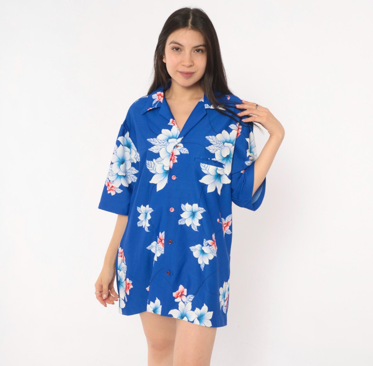 70s Hilo Hatties Hawaiian Shirt Blue Orchid Floral Camp Collar Medium