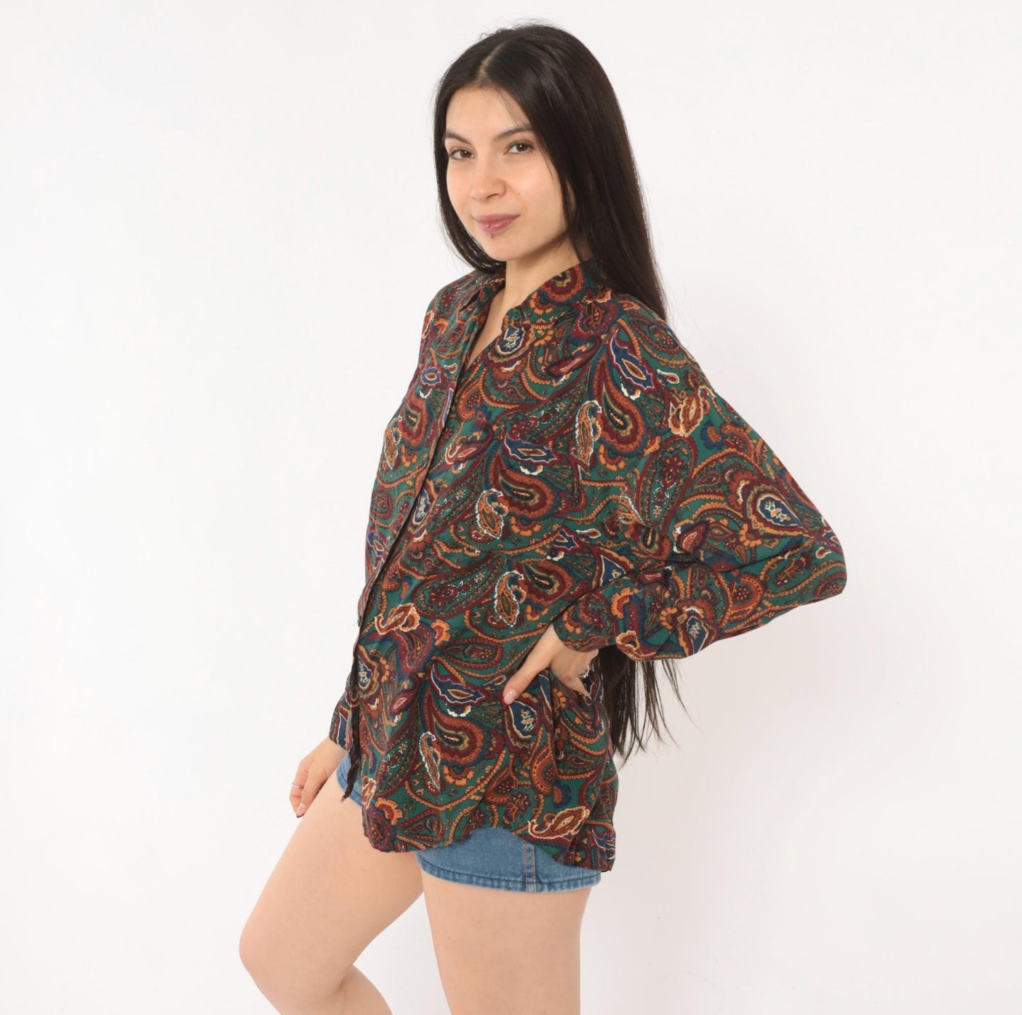 90s Basic Editions Paisley Button Up Shirt Teal Burgundy Small S