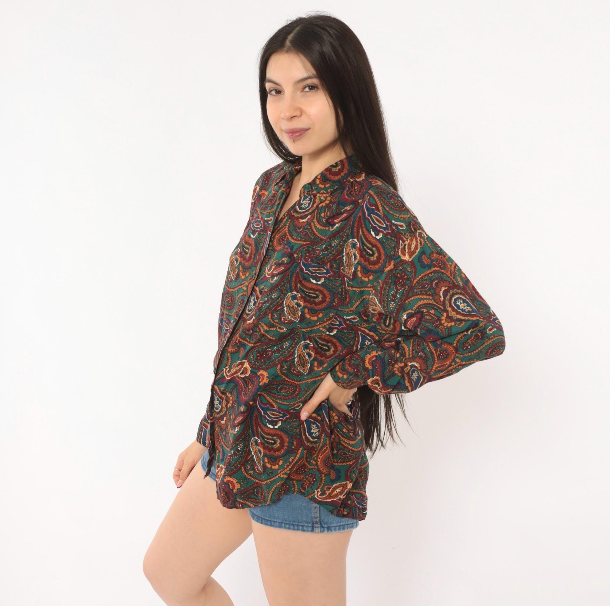 90s Basic Editions Paisley Button Up Shirt Teal Burgundy Small S
