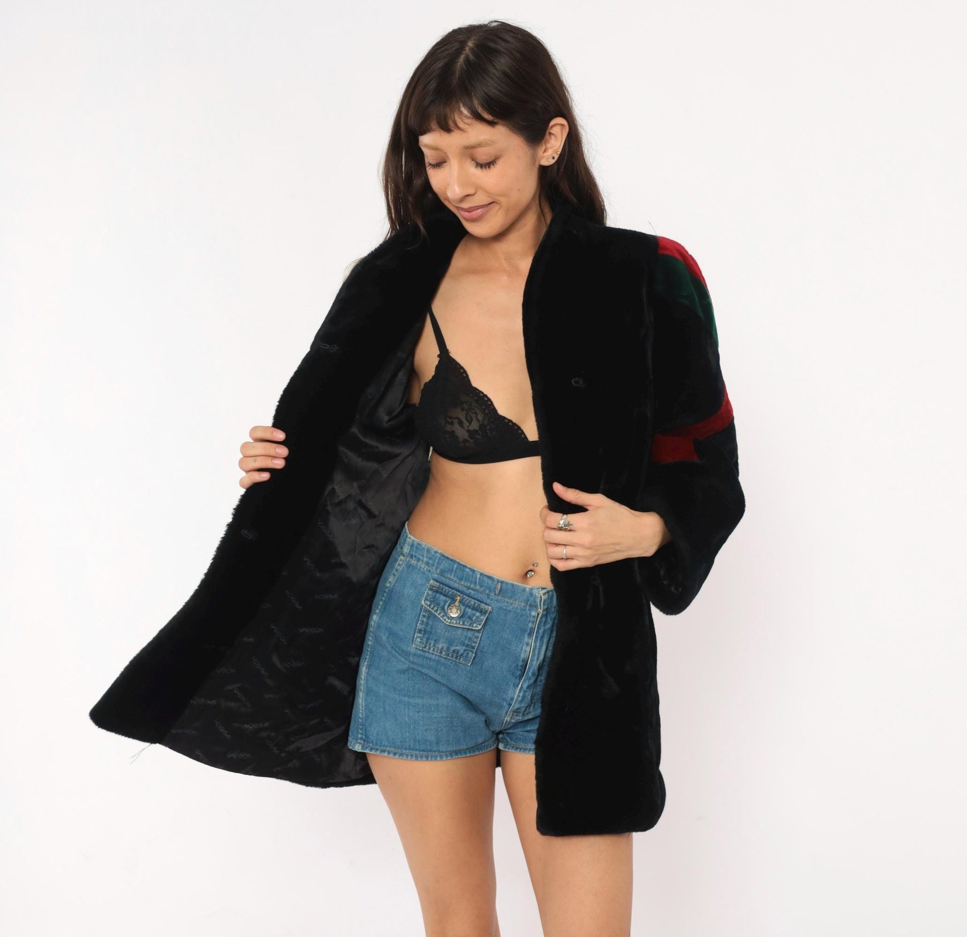 80s Sasson Faux Fur Coat Black Colorblock Stripe Stand Collar Medium M