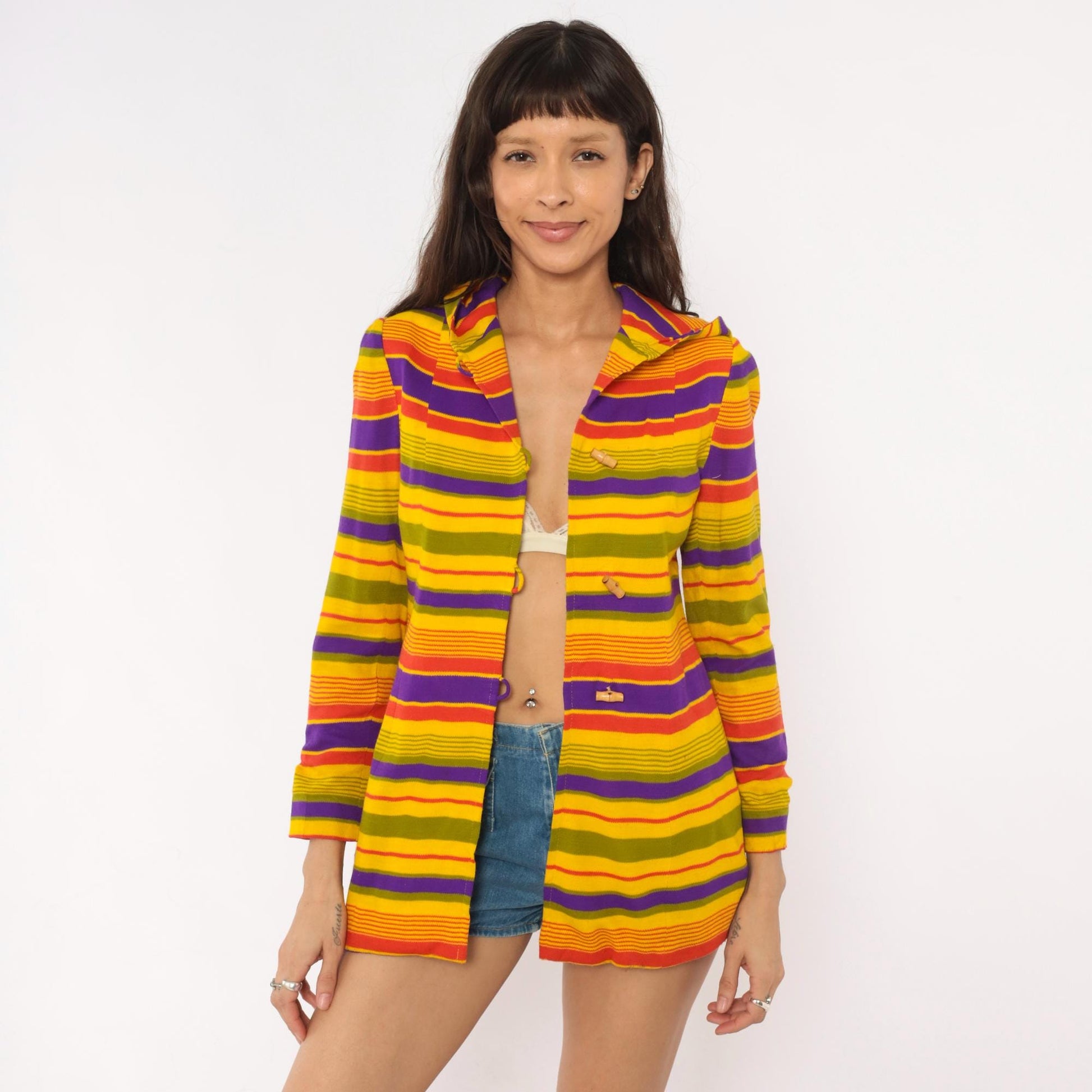 70s Striped Hooded Jacket Multicolor Rainbow Button Front Extra Small