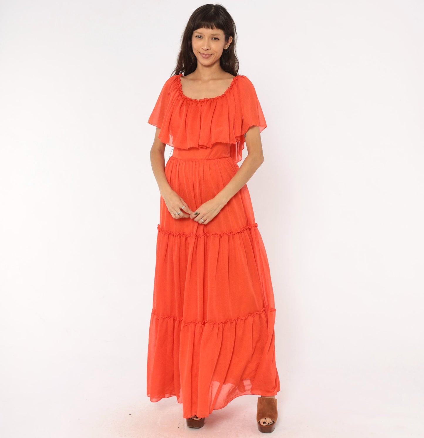 70s Coral Orange Maxi Dress Tiered Ruffle Cape Flutter Sleeve Small