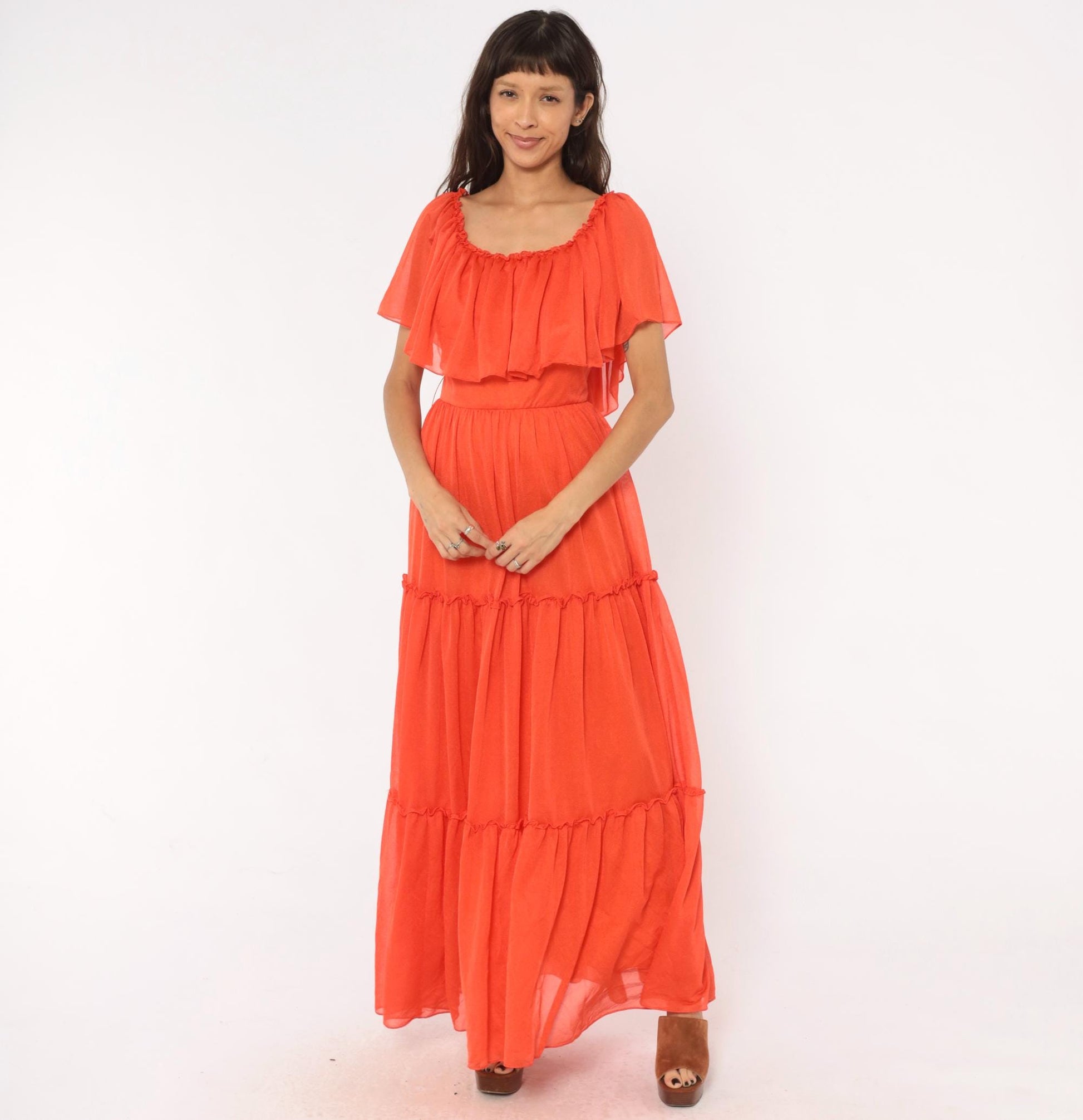 70s Coral Orange Maxi Dress Tiered Ruffle Cape Flutter Sleeve Small