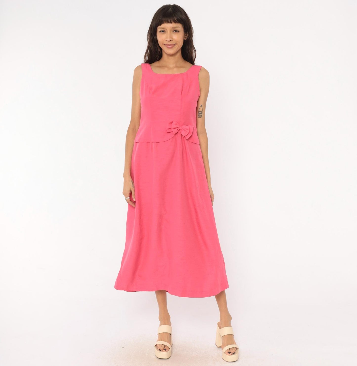 80s Hot Pink Sleeveless Maxi Dress Square Neck Peplum Bow Large L