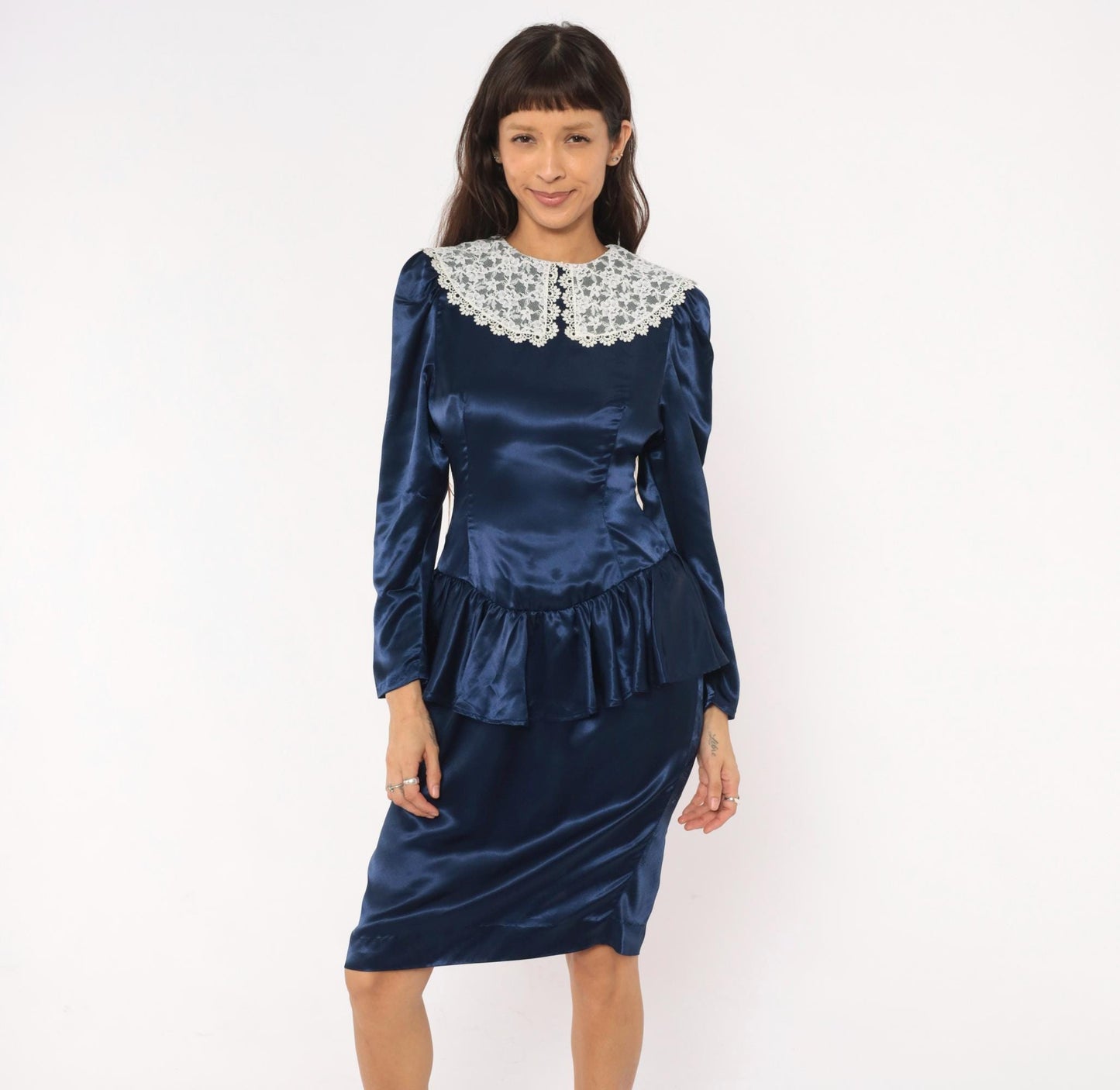 80s Navy Satin Peplum Dress Lace Collar Puff Shoulder Knee Length Small