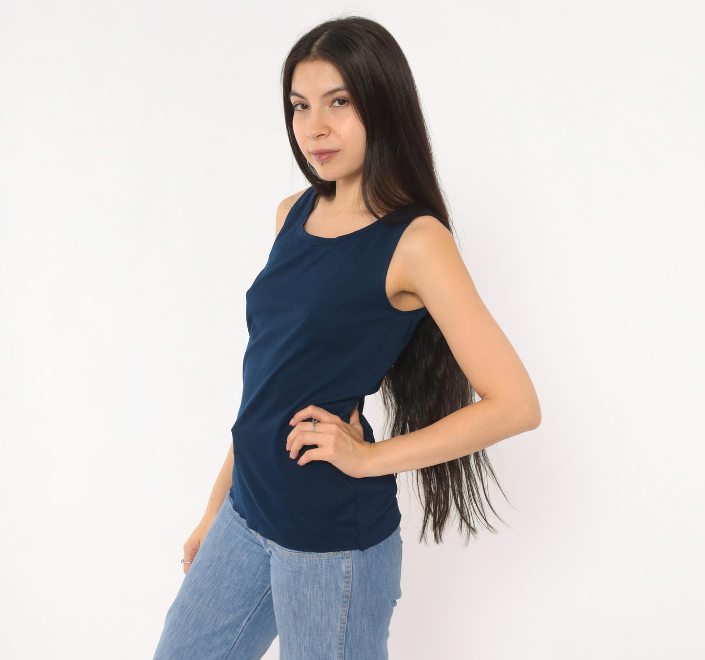 70s Navy Blue Tank Top Alex Colman Sleeveless Shell Scoop Neckline Extra Small XS
