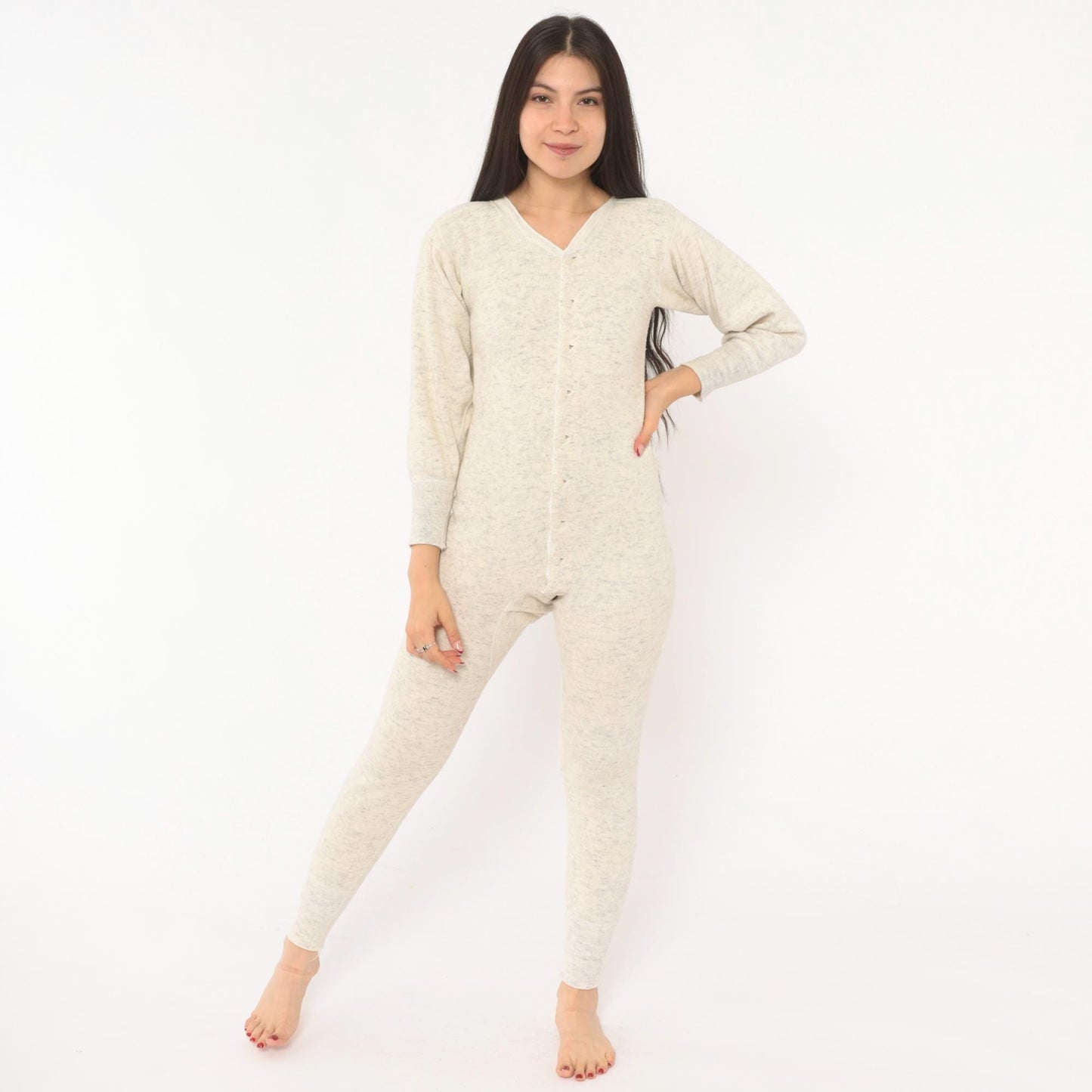 1950s JCPenney Union Suit Oatmeal Heathered Wool Cotton V-Neck Long Johns Extra Small XS