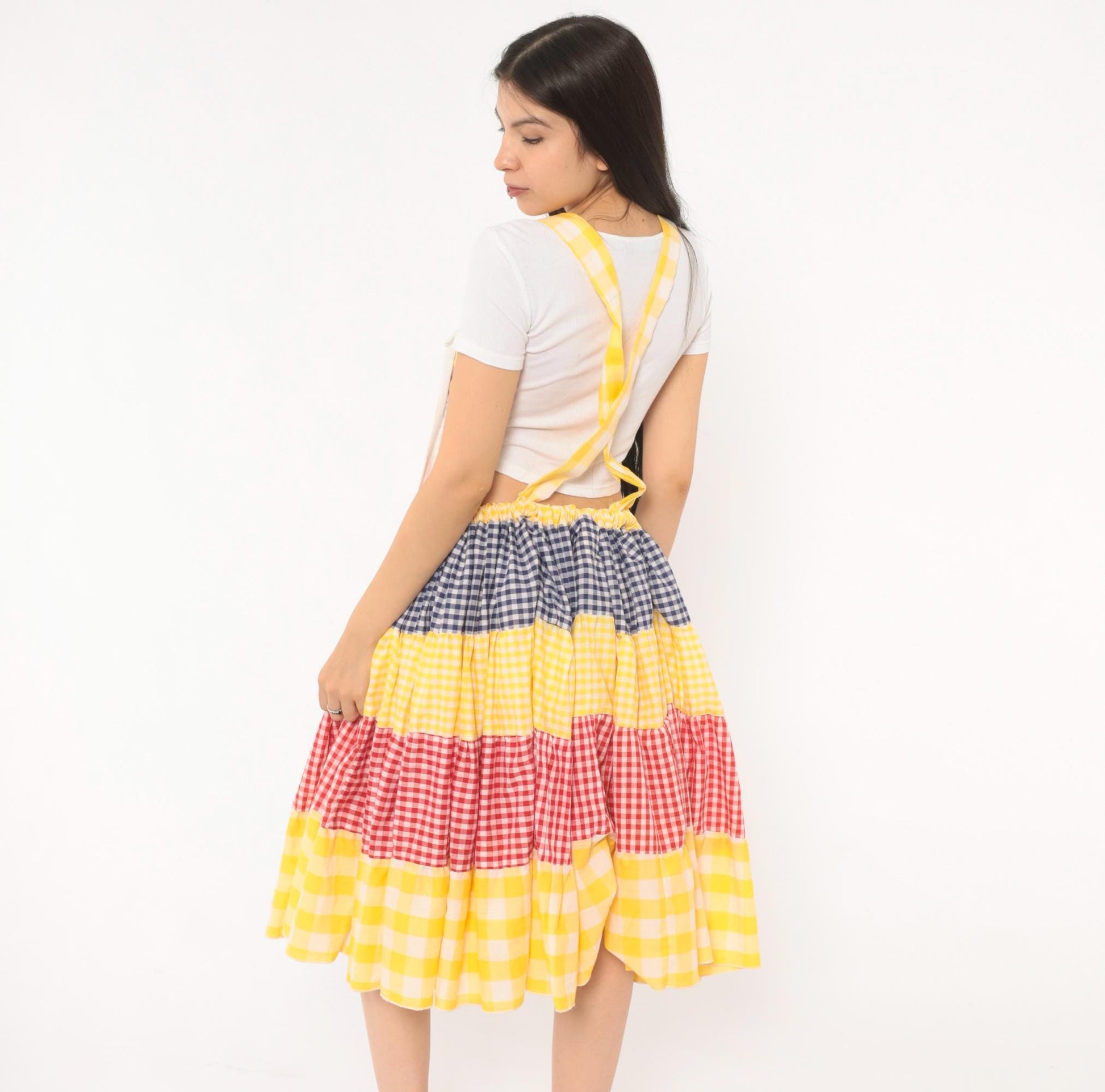 80s Bingo Card Cotton Pinafore Jumper Dress Tiered Gingham Navy Yellow Red Medium Large