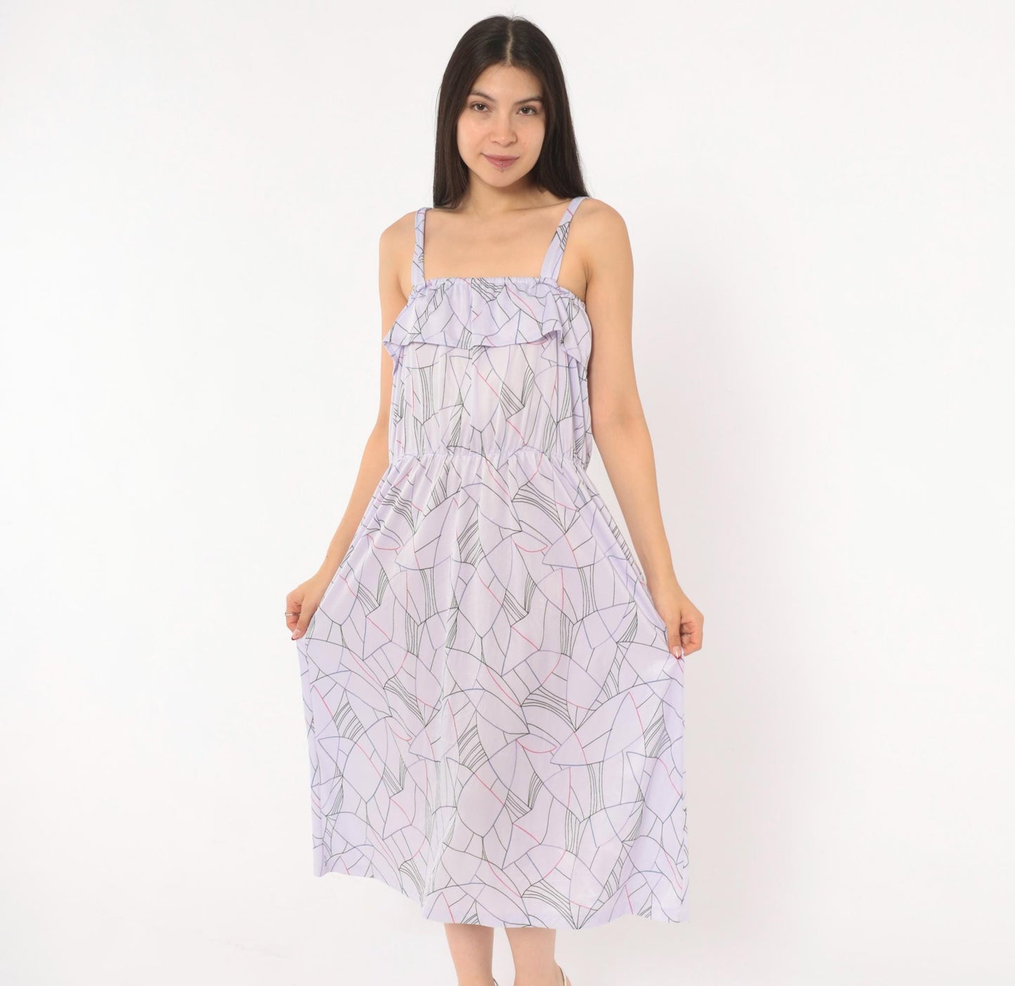 80s Lilac Abstract Geometric Midi Sundress Ruffle Bodice Strappy Small