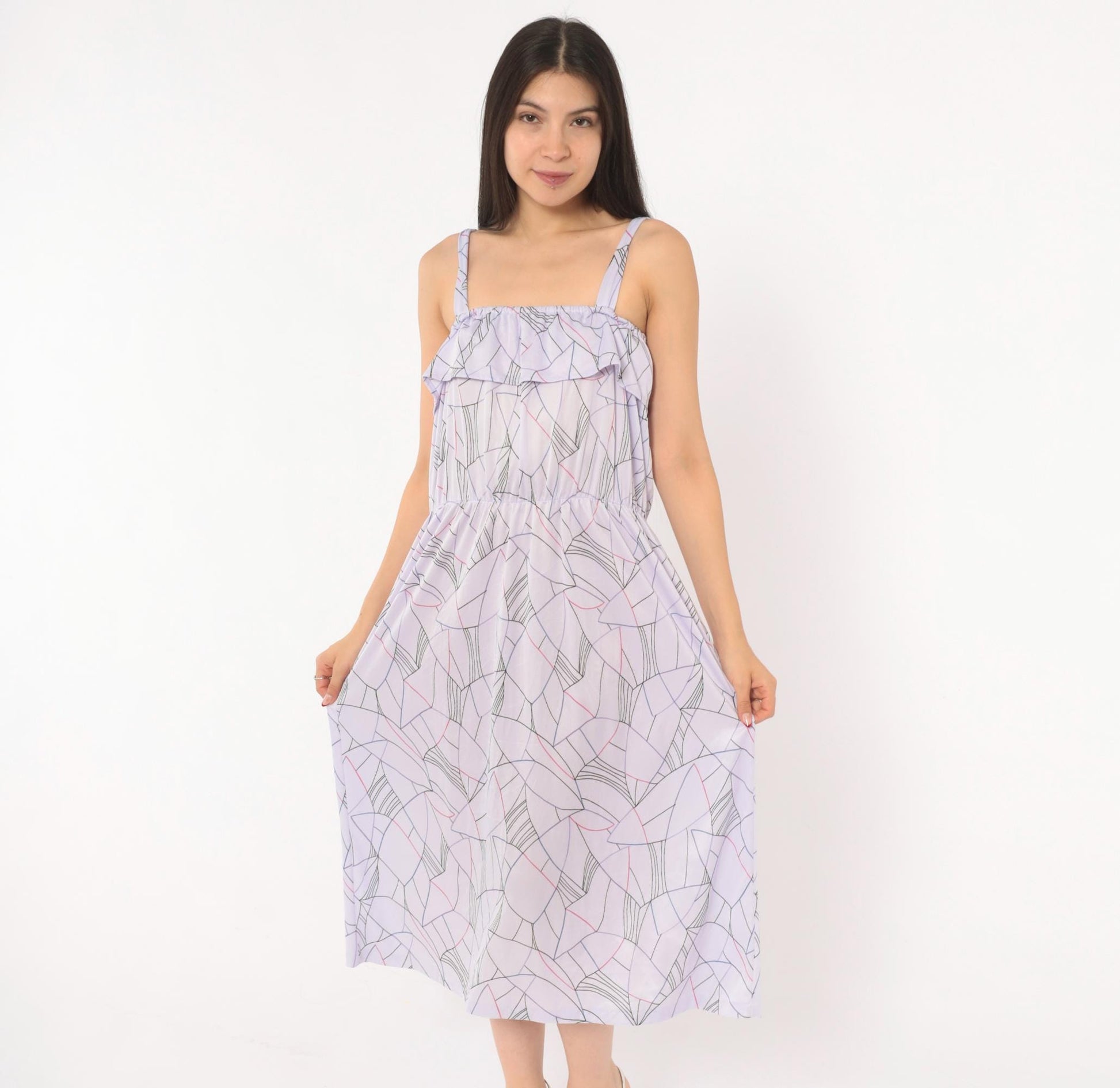 80s Lilac Abstract Geometric Midi Sundress Ruffle Bodice Strappy Small