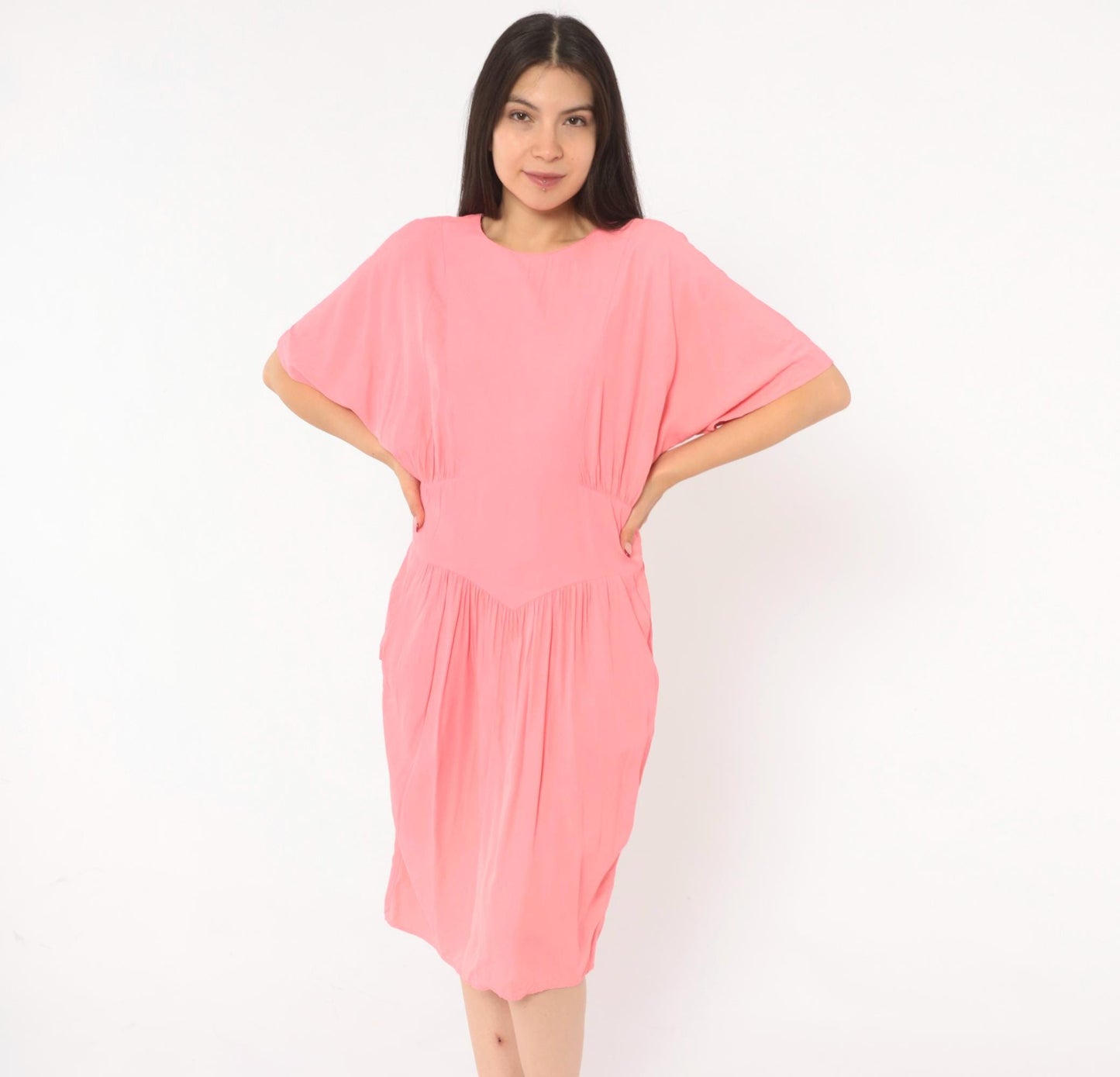 90s Carol Anderson Coral Pink Blouson Dress Smocked Waist Knee Length Large L