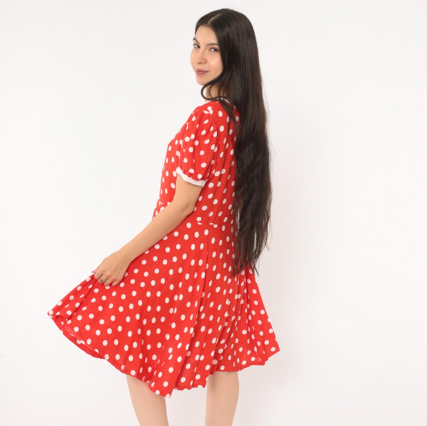 80s Red White Polka Dot Babydoll Dress Puff Sleeve Cotton Swing Mini Small