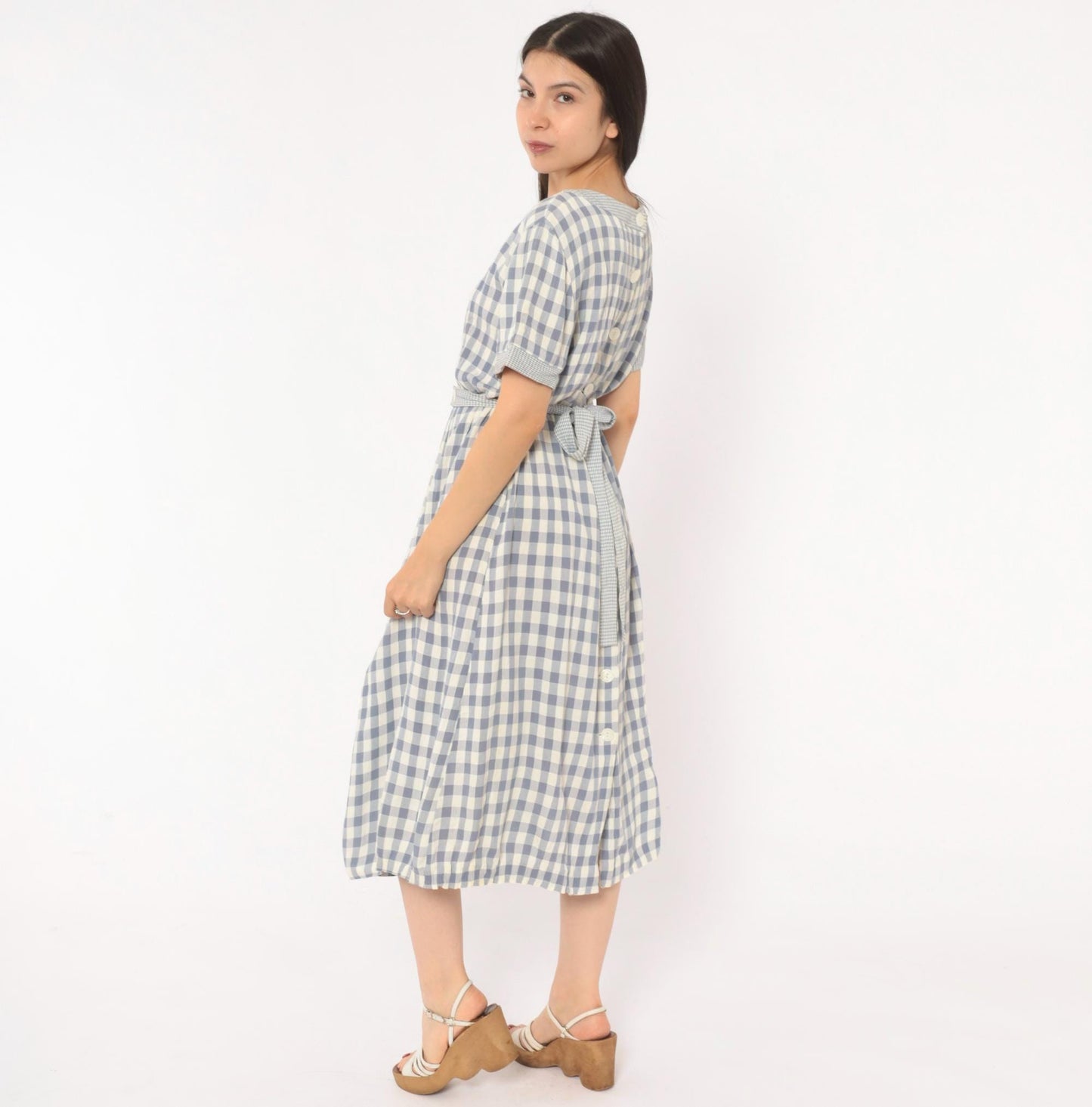 90s SL Fashions Gingham Midi Dress Blue White Check Button Back Medium