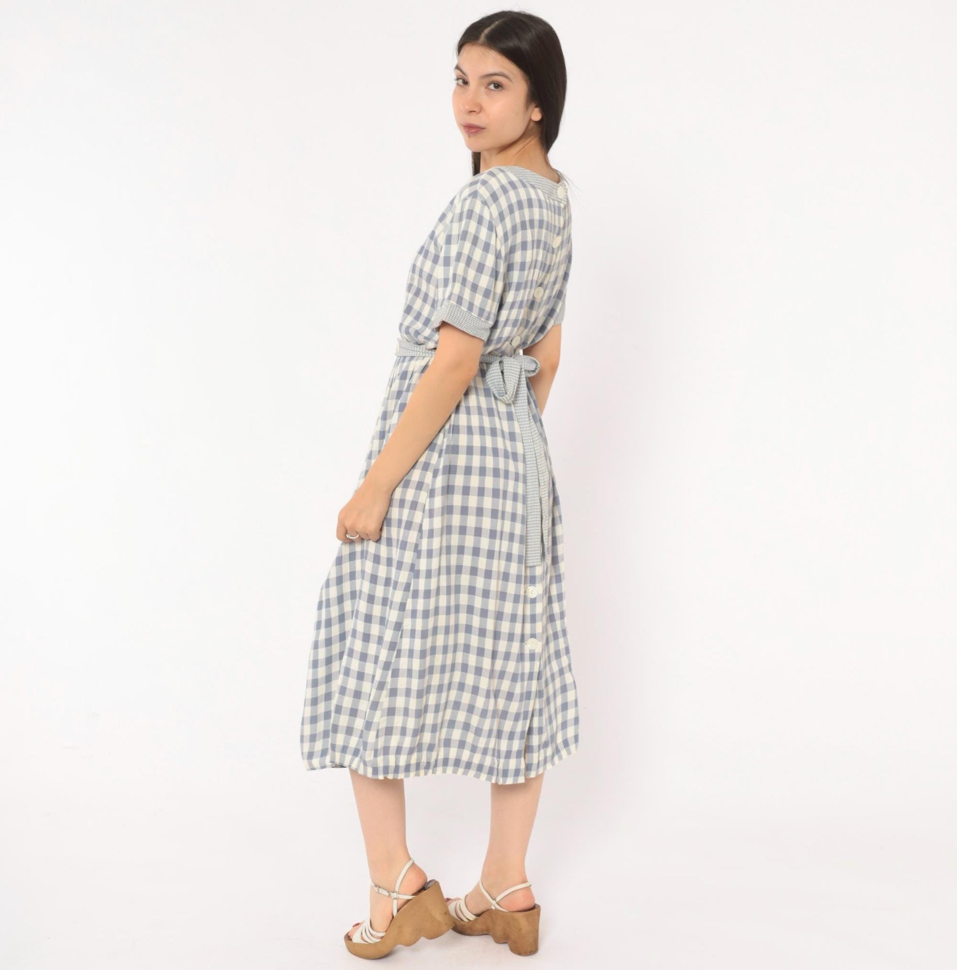90s SL Fashions Gingham Midi Dress Blue White Check Button Back Medium