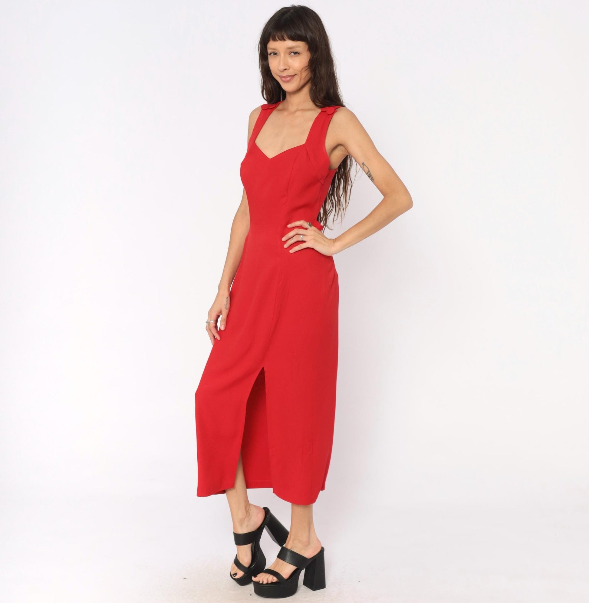90s Red Midi Dress Sweetheart Neckline Crossback Open Back Medium Large