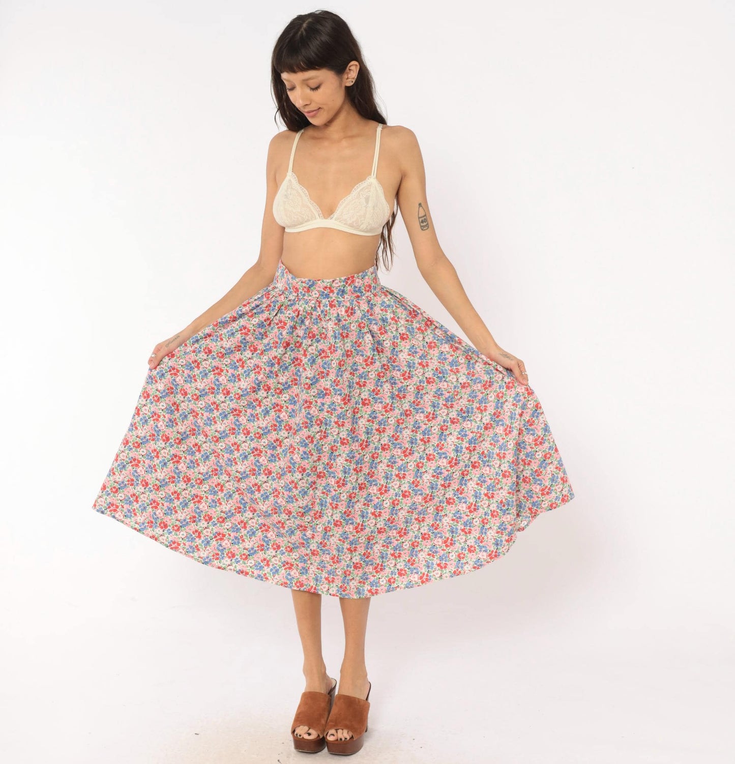 80s Floral Midi Skirt Pink Blue Calico Print High-Rise Pleated Small