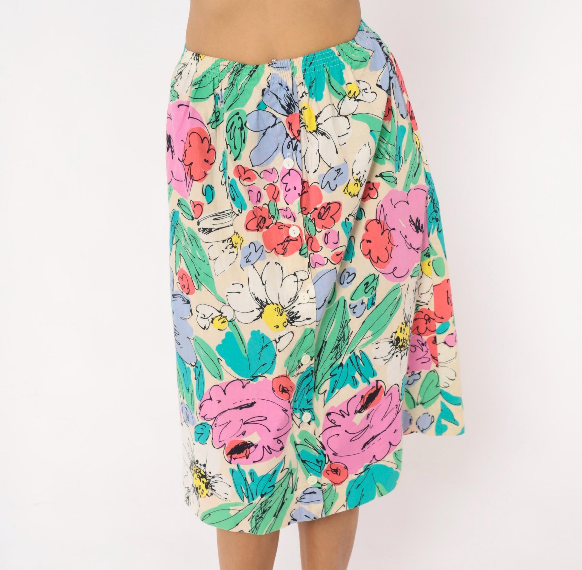 90s Floral Button Front Midi Skirt Cream Watercolor Cotton Small