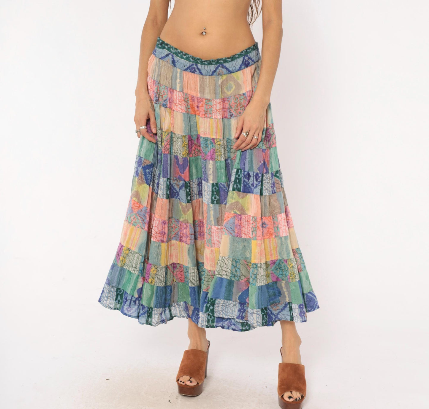 90s Bila California Patchwork Batik Maxi Skirt Tiered Gauze Large