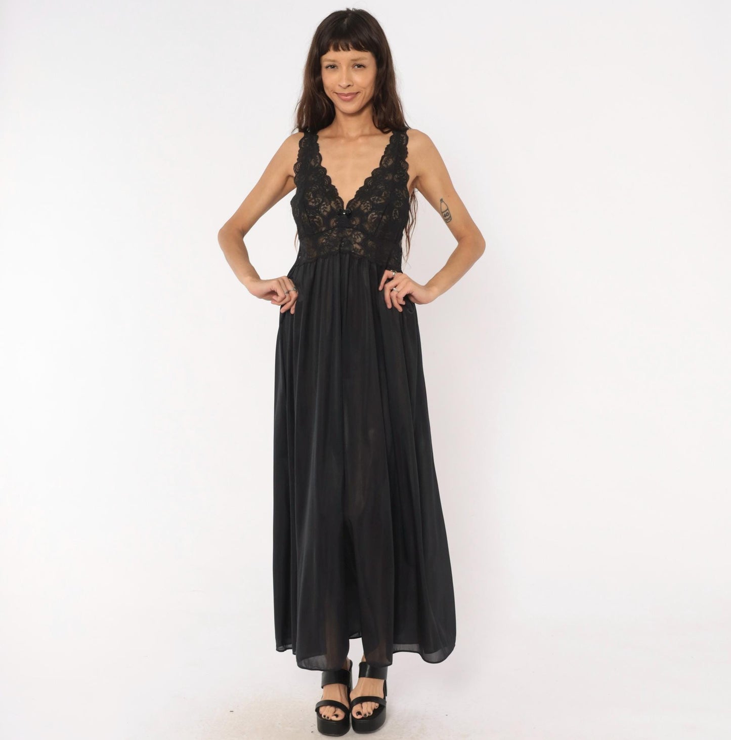 80s Shadowline Black Lace Maxi Nightgown Deep V Sheer Bodice Large L