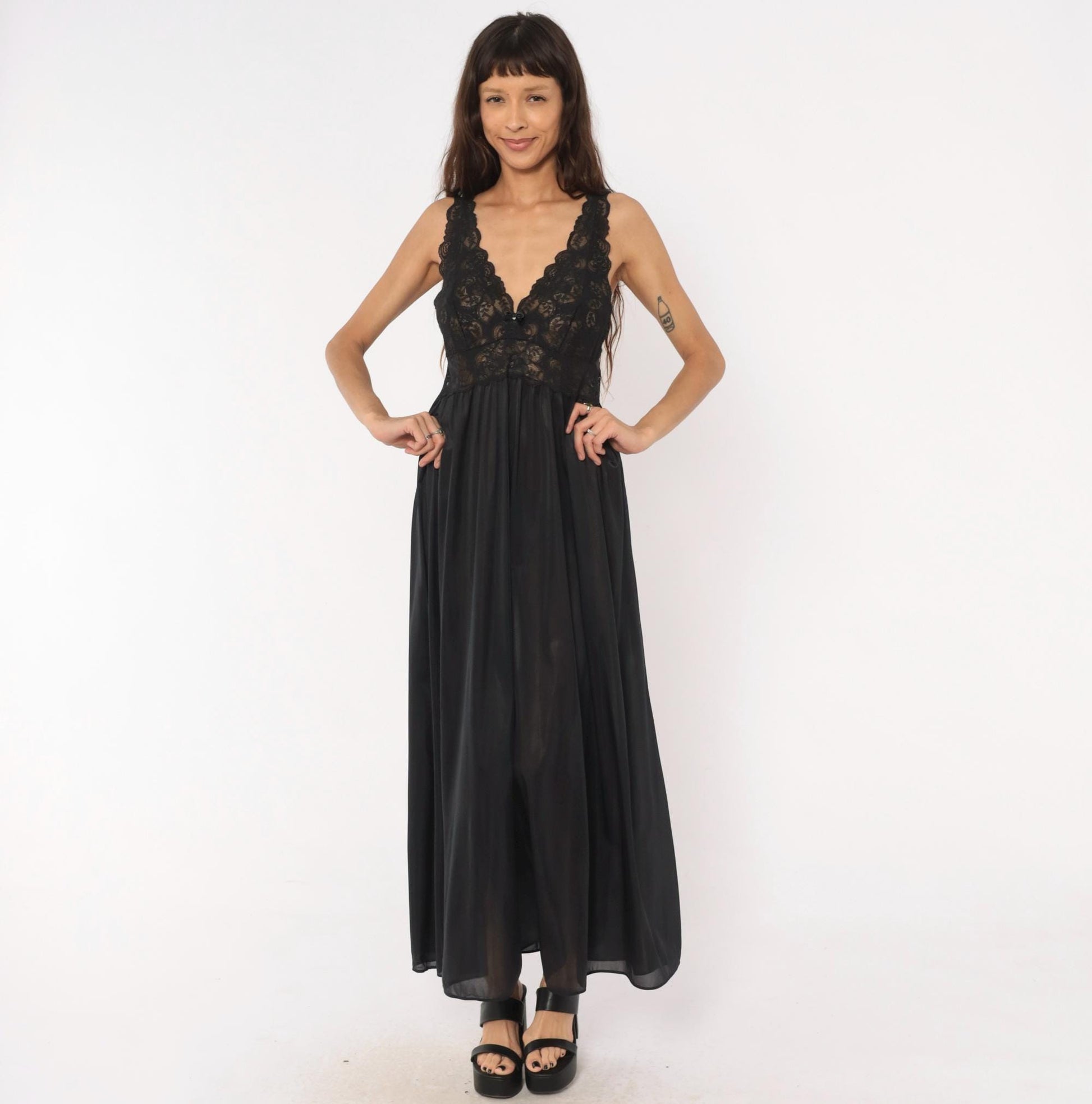 80s Shadowline Black Lace Maxi Nightgown Deep V Sheer Bodice Large L
