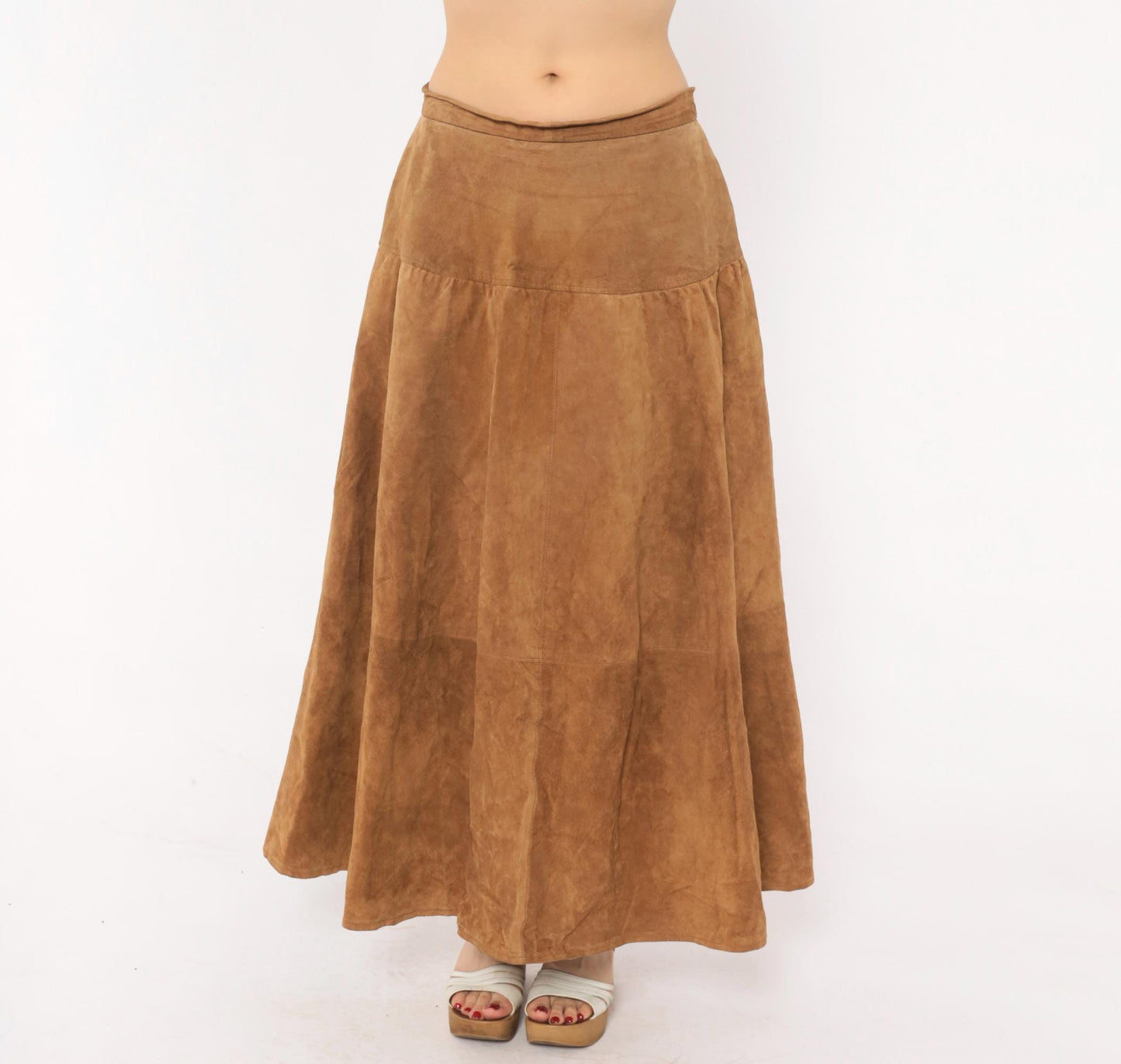 90s JH Collectibles Suede Maxi Skirt Tan A-Line Tiered Medium M