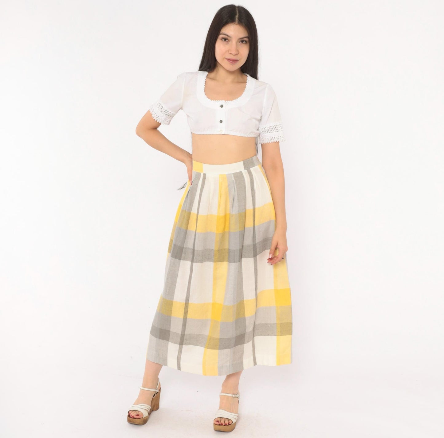 80s Stag & Co Plaid Midi Skirt Yellow Grey Ivory High Waist Pleated Medium