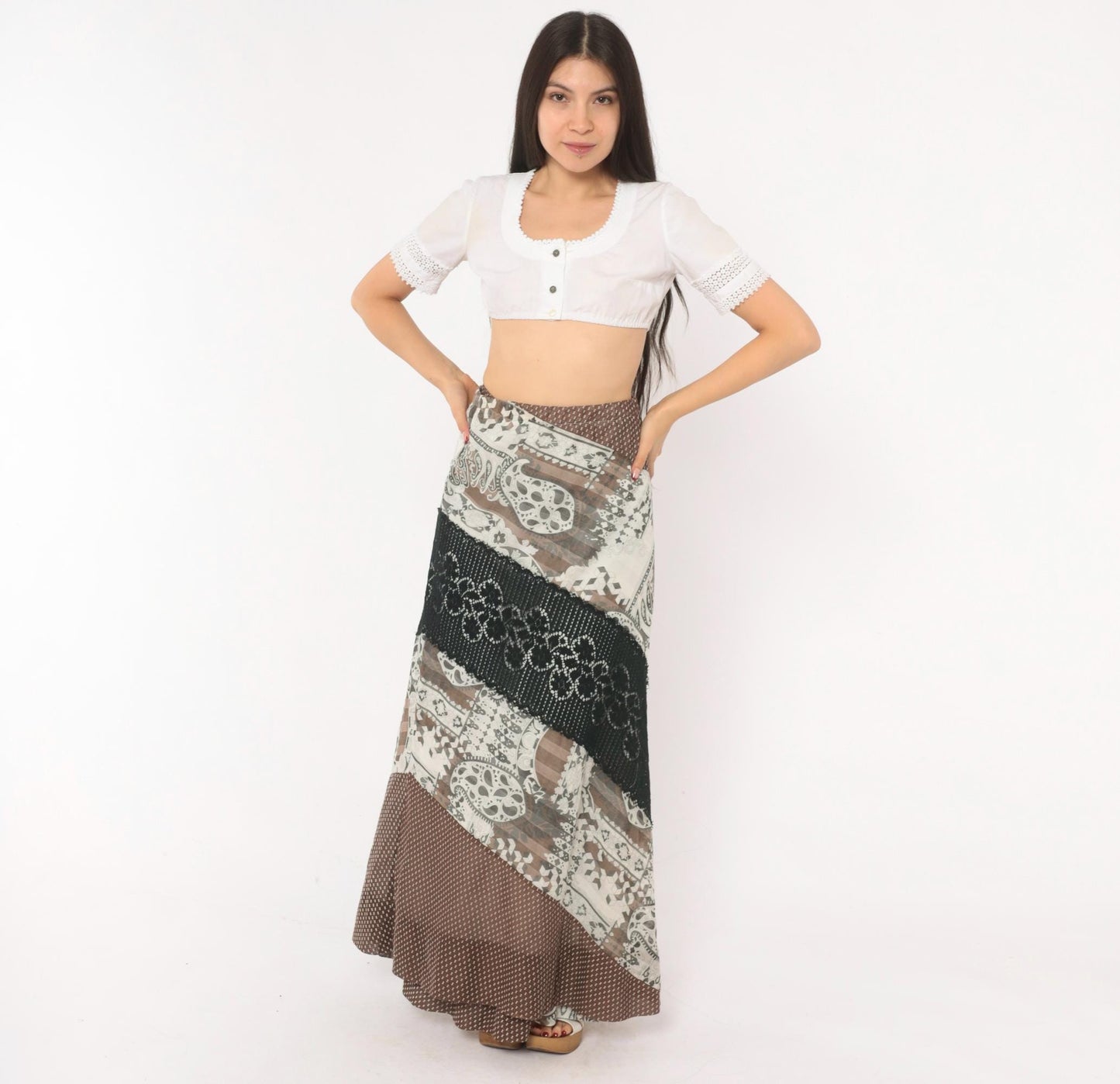 70s Chessa Davis Patchwork Maxi Wrap Skirt Brown Black Paisley Crochet Lace Large L