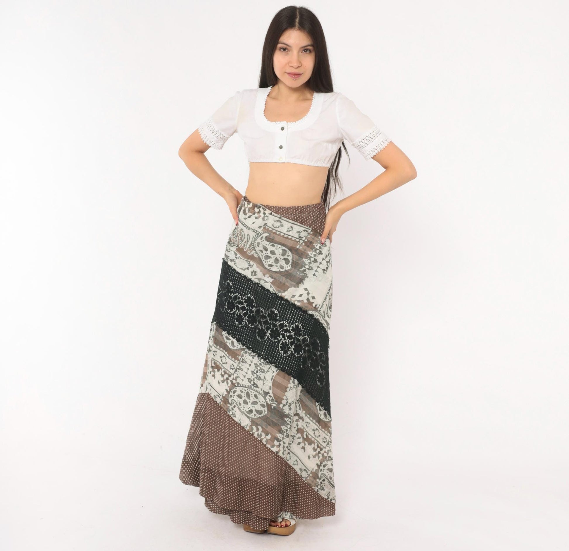 70s Chessa Davis Patchwork Maxi Wrap Skirt Brown Black Paisley Crochet Lace Large L