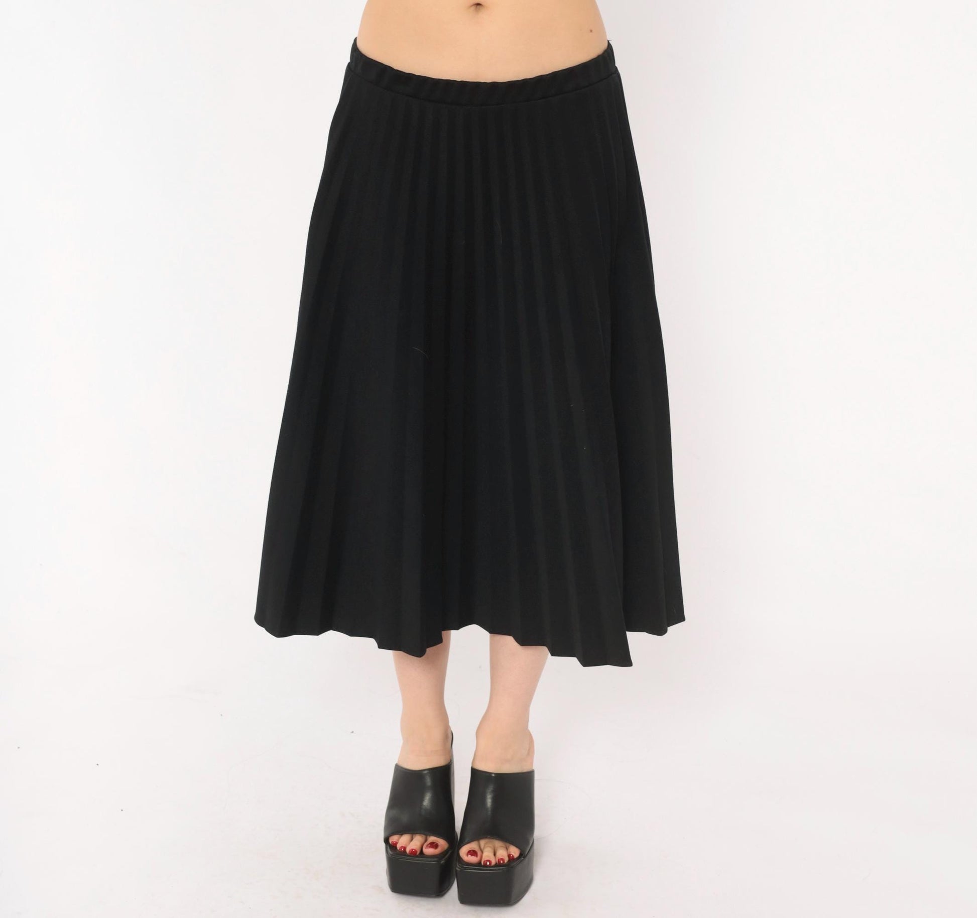 70s Sarah K Black Pleated Midi Skirt Accordion Knife Pleat Elastic Waist Medium Large