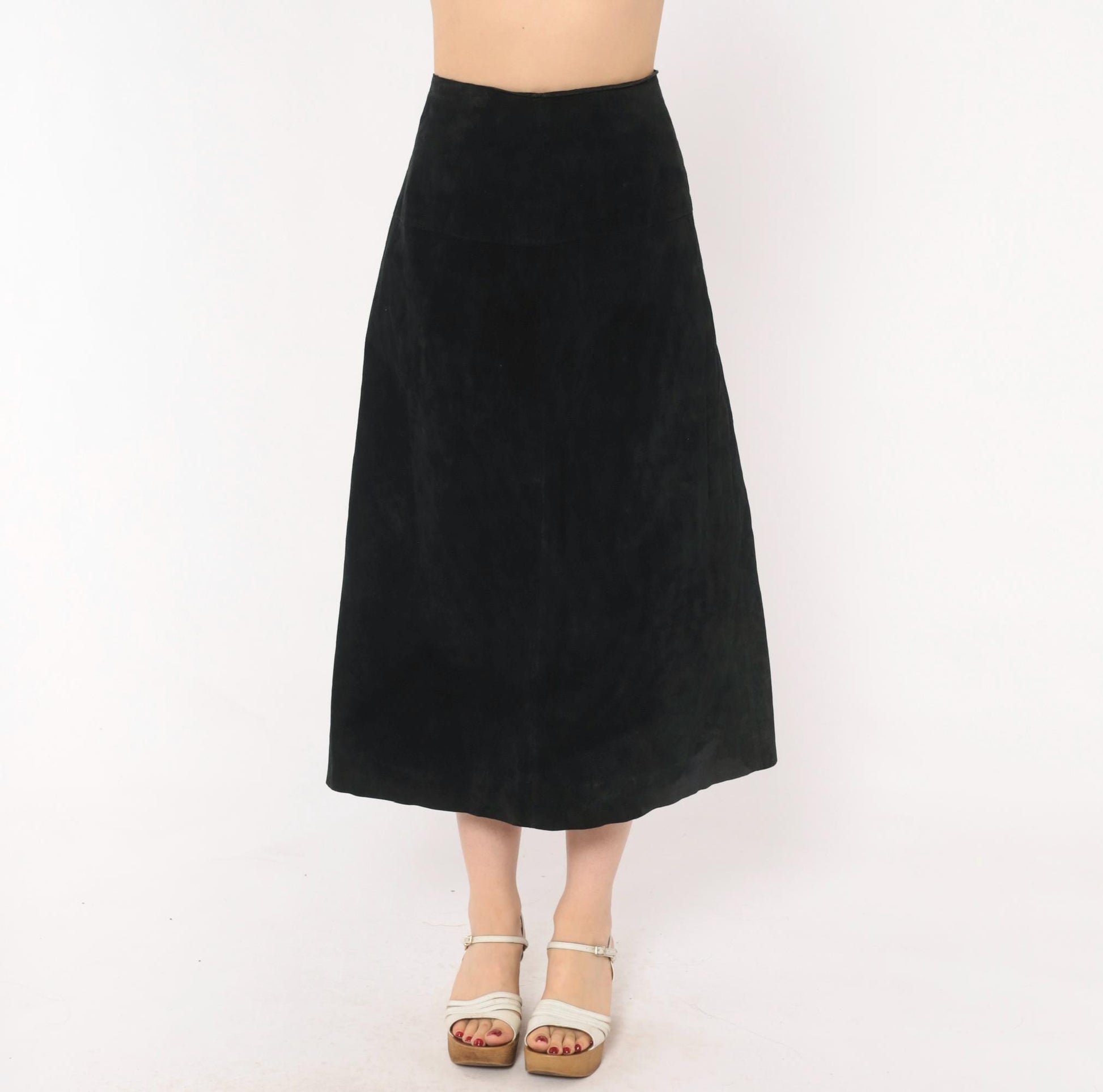 90s Black Suede A-Line Midi Skirt High Waist Paneled Large L