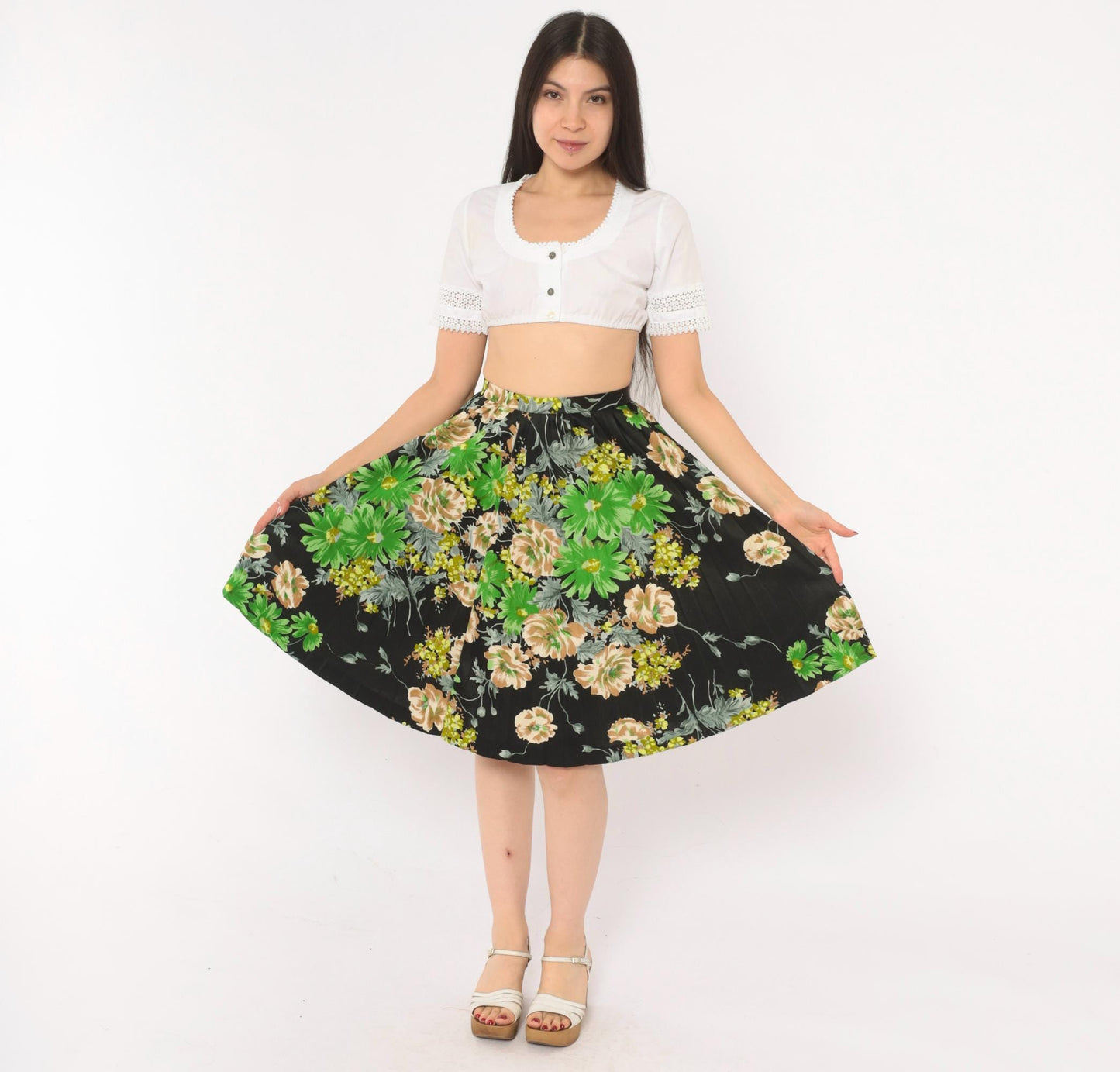 70s Floral Pleated Skirt Black Daisy Rose Print Knee-Length A-Line Extra Small