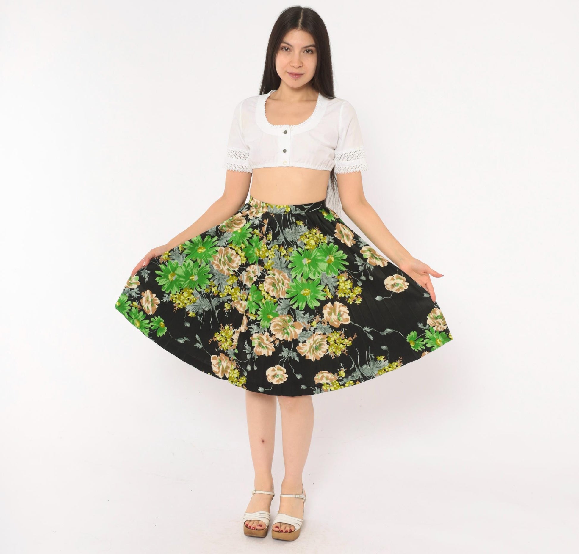 70s Floral Pleated Skirt Black Daisy Rose Print Knee-Length A-Line Extra Small